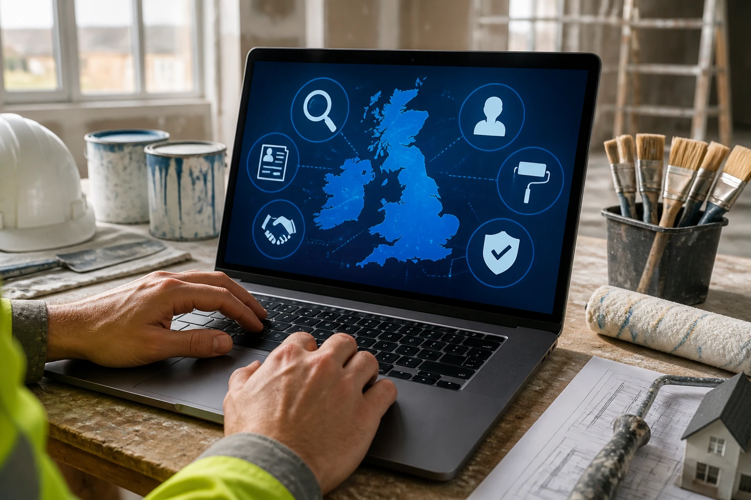 Close-up of hands on a laptop at a workbench with a UK map and job icons on screen; construction-site office background