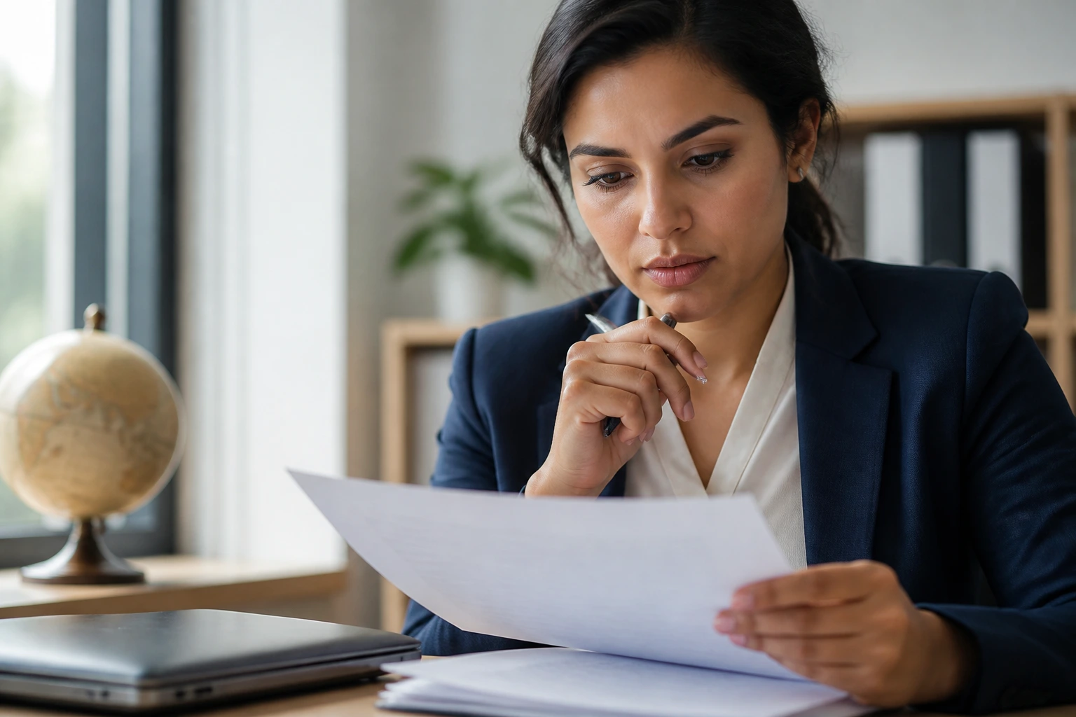 Close-up portrait of a professional reviewing visa sponsorship documents in an office.