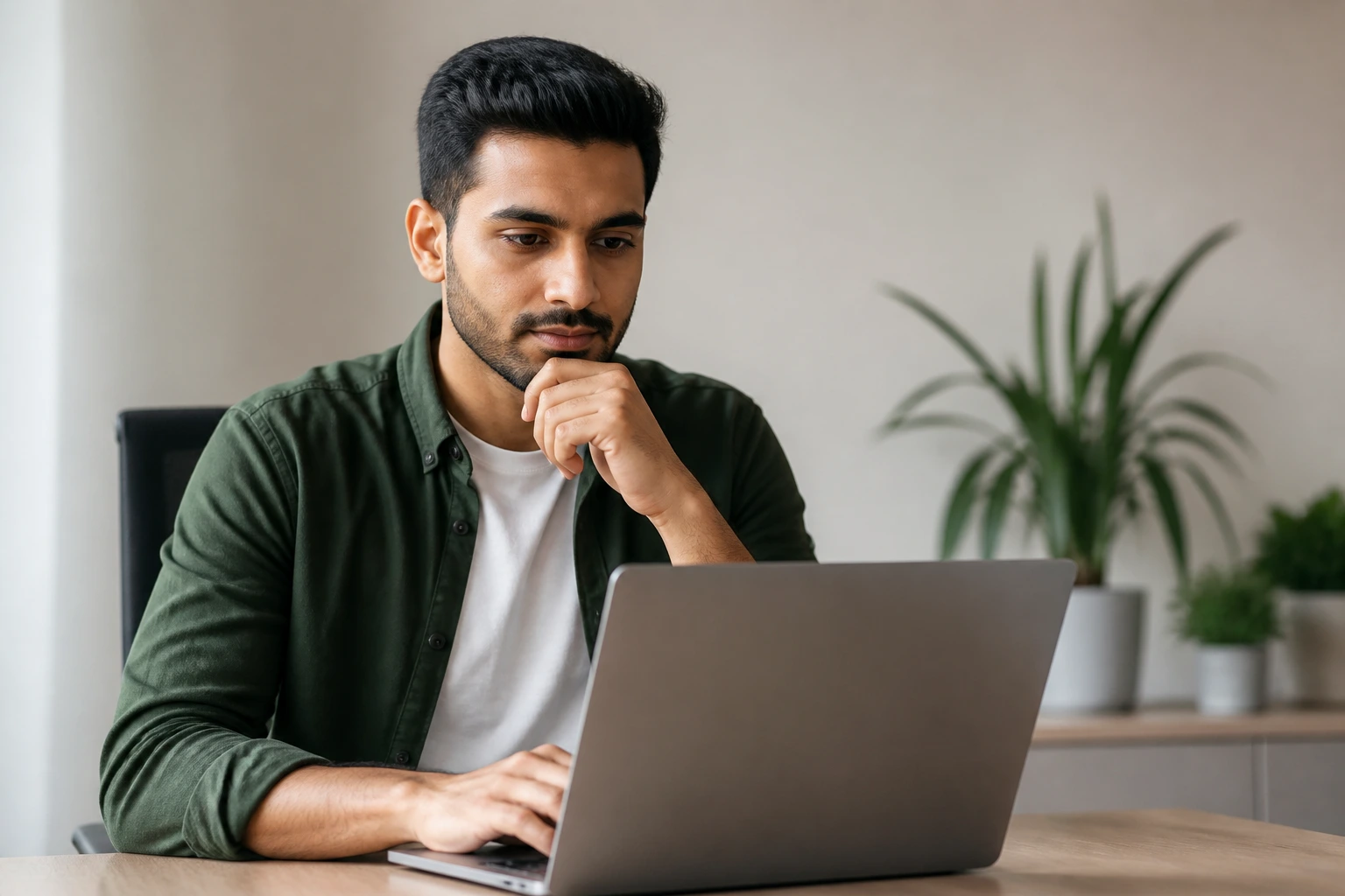 Professional at a laptop in a calm office, preparing for visa sponsorship job search