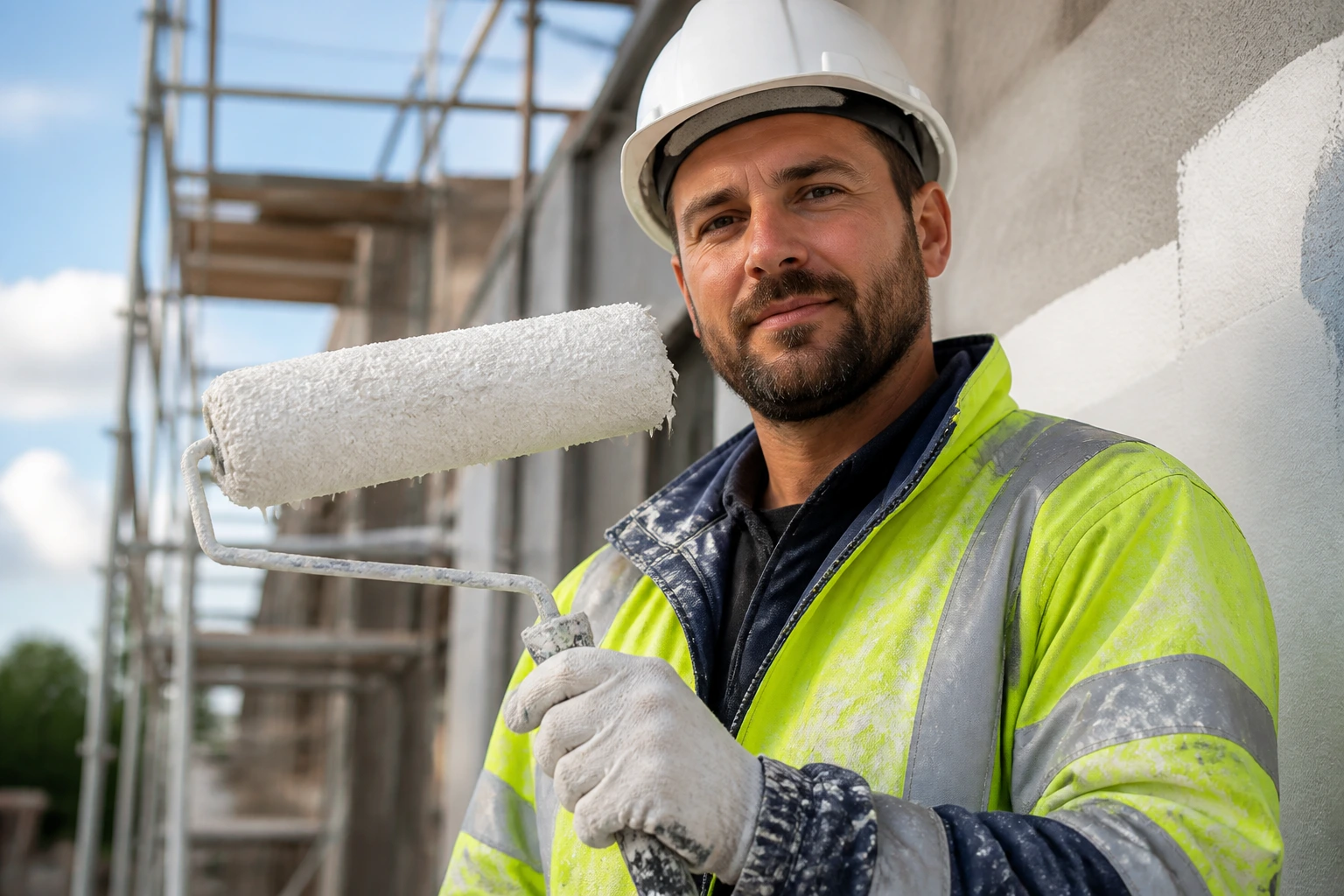 Close-up of a professional painter on a UK site illustrating visa sponsorship in the painting trade.