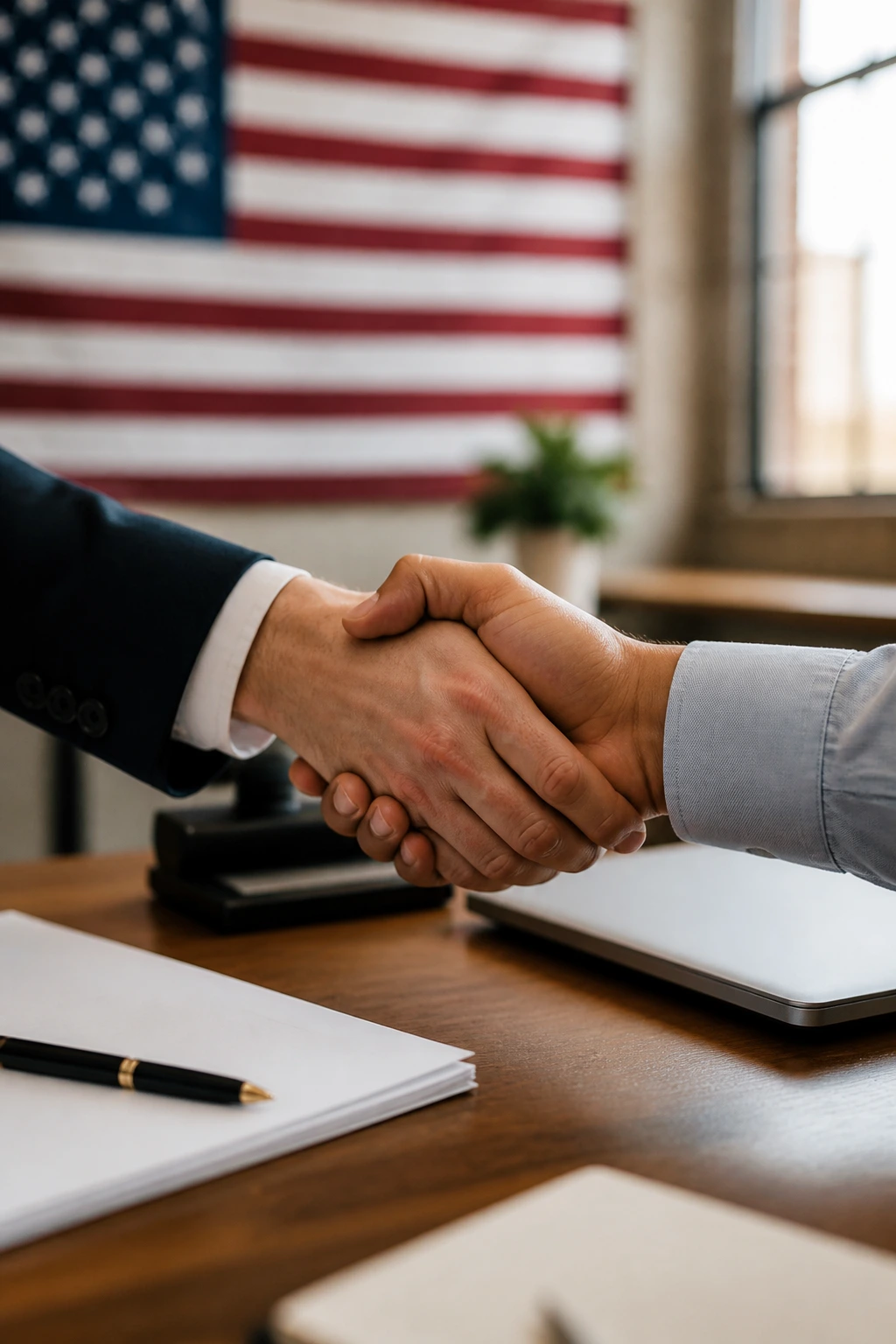 Close-up of two hands clasped over a desk, symbolizing visa sponsorship in the USA
