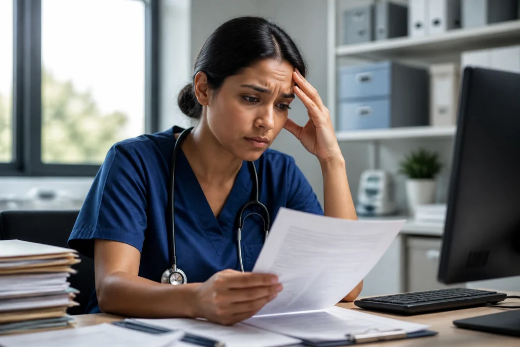 Portrait of a medical assistant considering visa sponsorship challenges