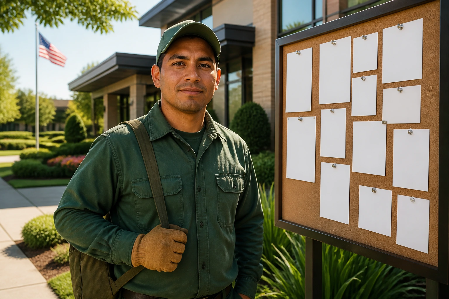Person outside an employer facility looking at a job postings board, representing legitimate sponsorship search