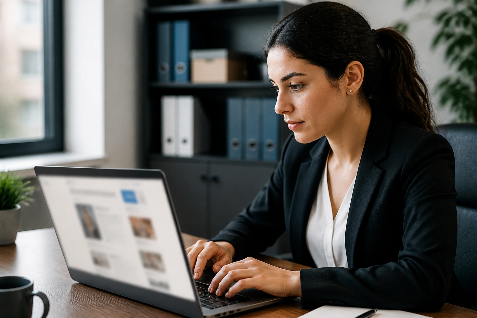 Portrait of a job seeker at a laptop in a modern office, screen blurred to avoid visible text
