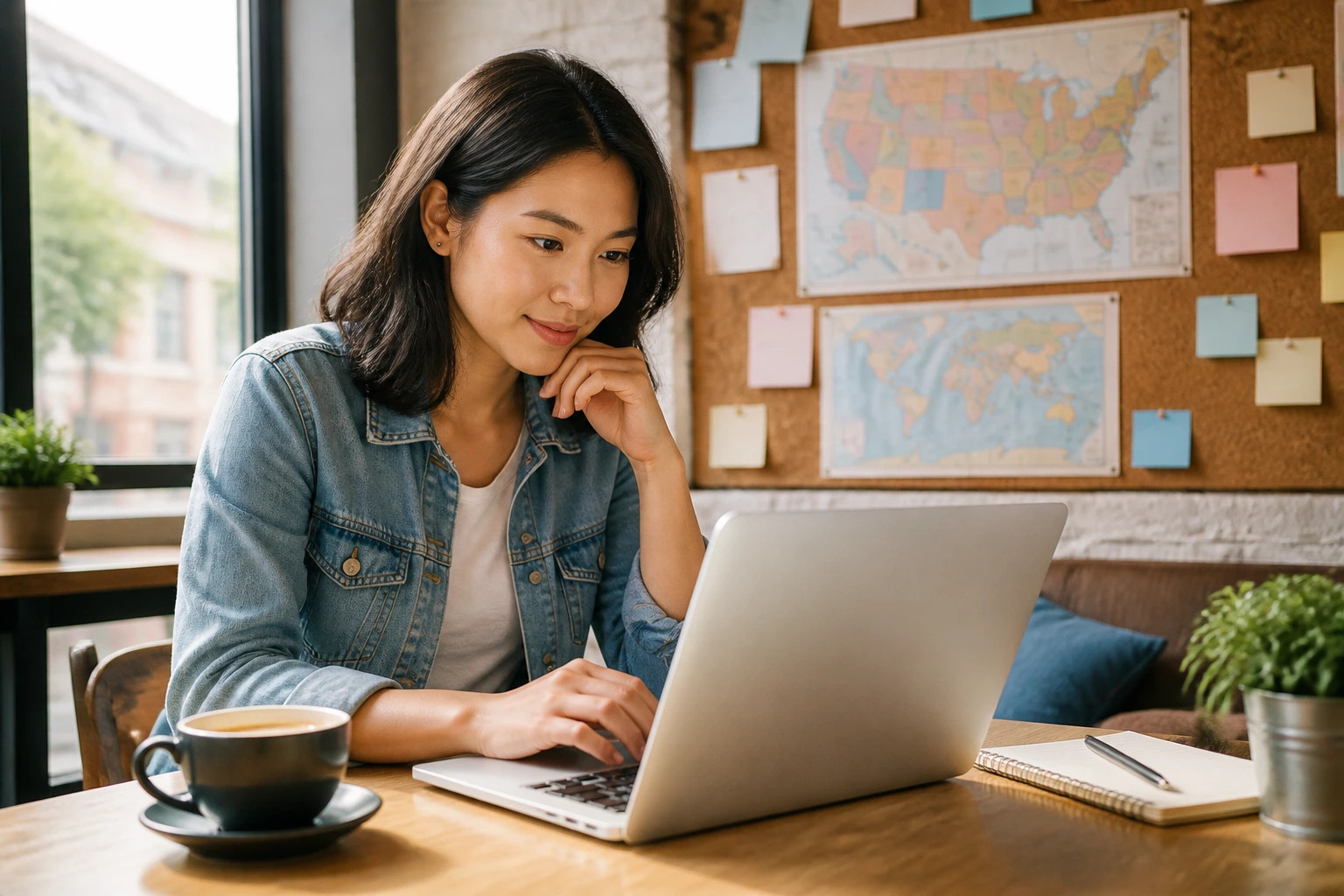 Job seeker researching visa sponsorship opportunities at a cafe desk