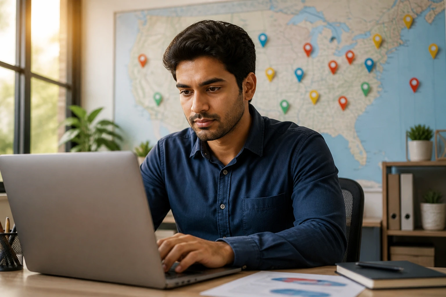 Portrait of a person at a laptop with a USA map backdrop to symbolize visa sponsorship search