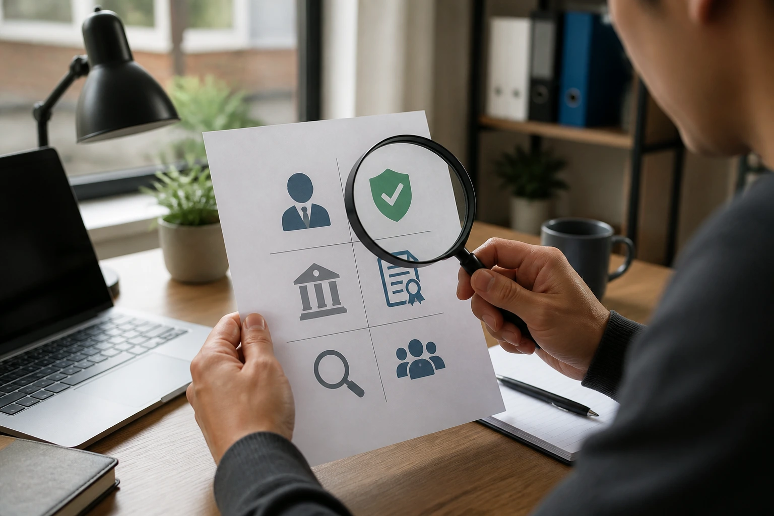 Person inspecting a document with a magnifying glass, icons only, no text.
