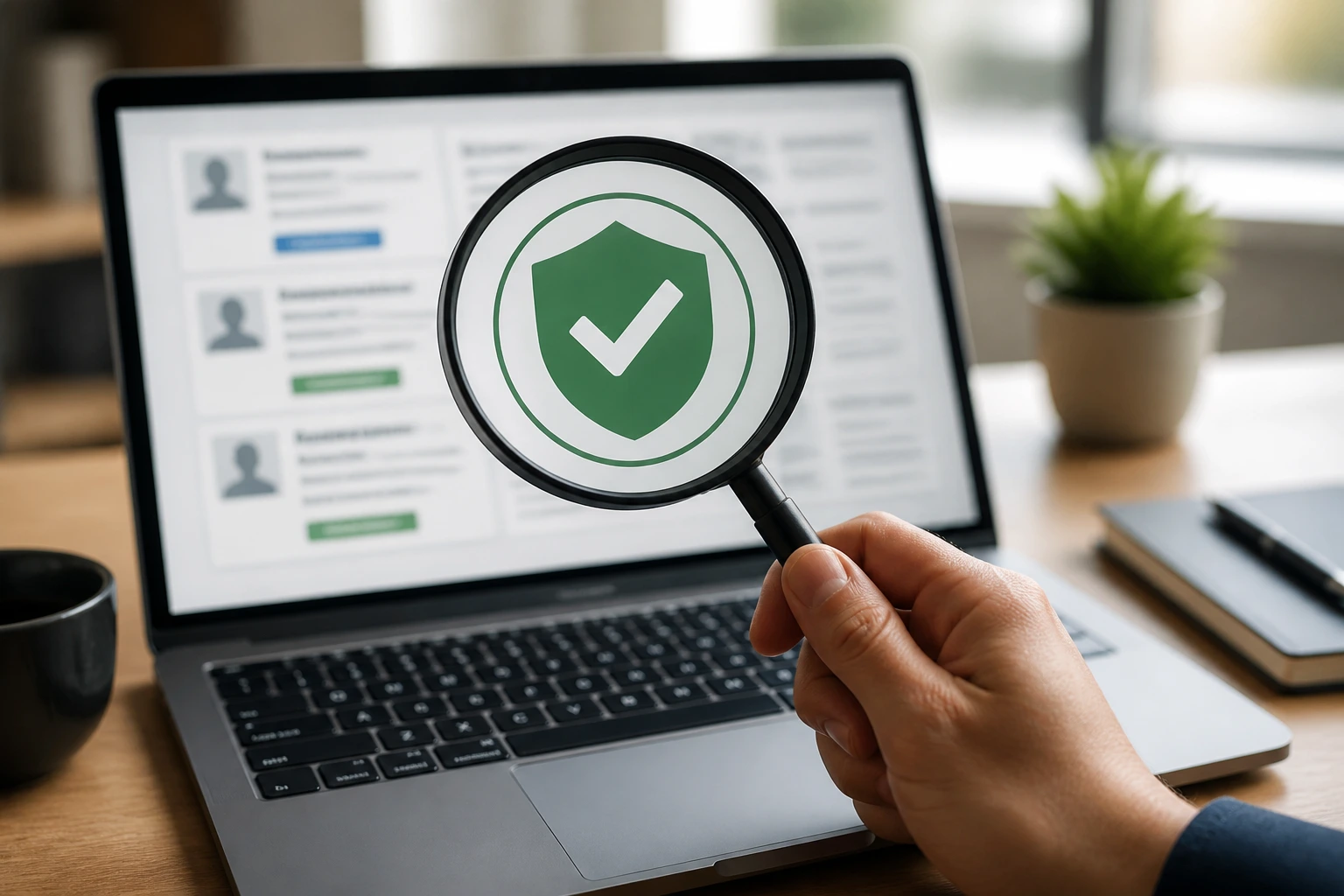Close-up of a hand inspecting a laptop displaying a sponsorship icon symbolizing verified visa sponsorship.