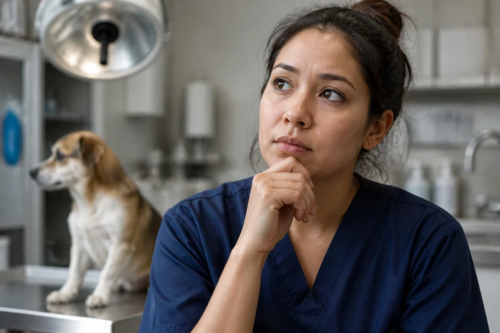Portrait of a veterinary assistant in a clinic contemplating sponsorship and job pathways