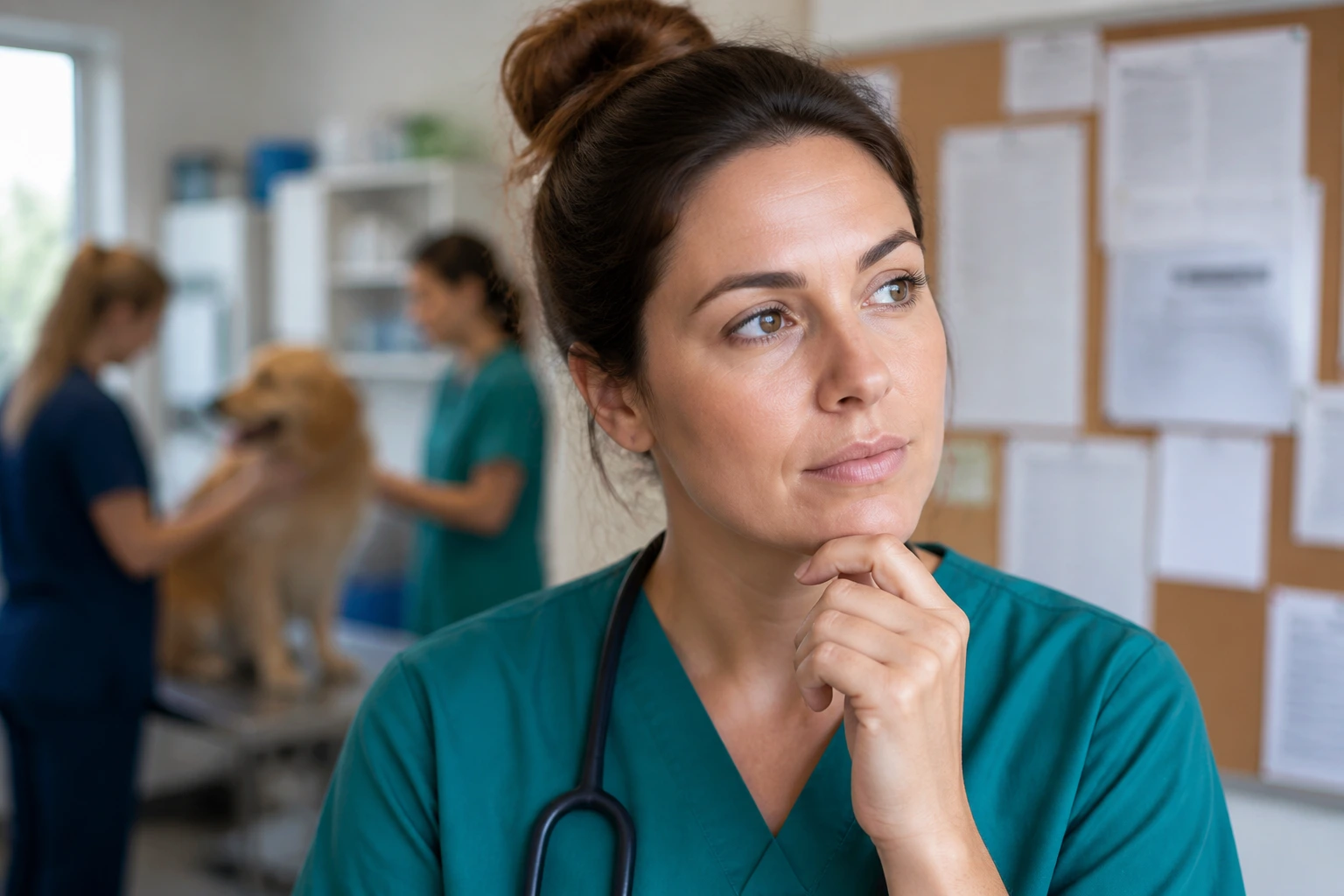 Close-up portrait of a veterinary nurse contemplating a job posting