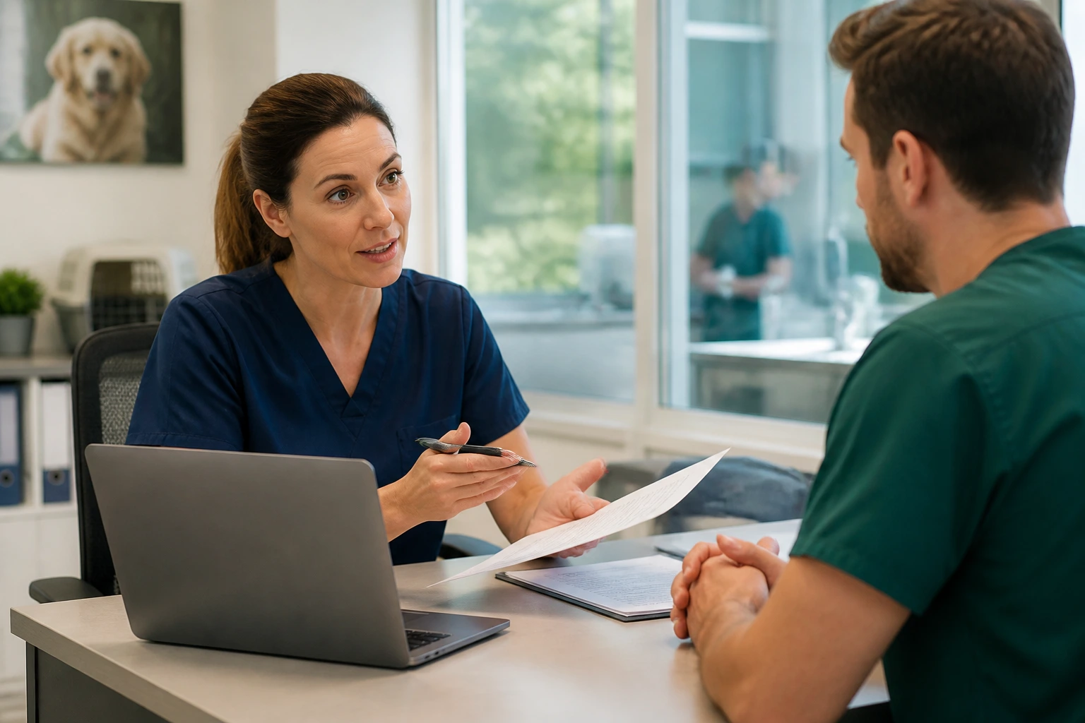 HR staff discussing visa sponsorship process in a veterinary practice