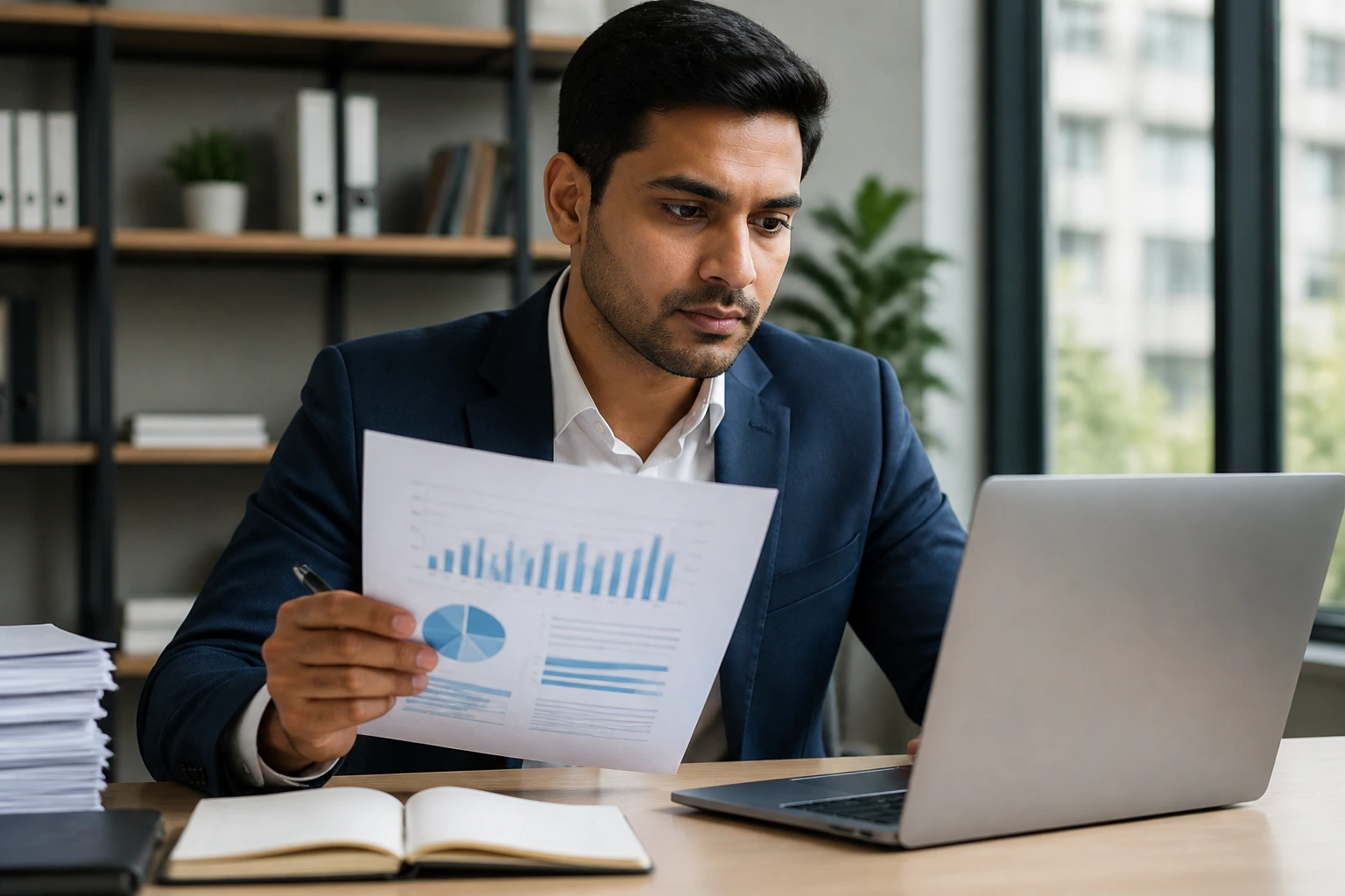 Person evaluating job listings at a desk, illustrating company vetting for visa sponsorship.