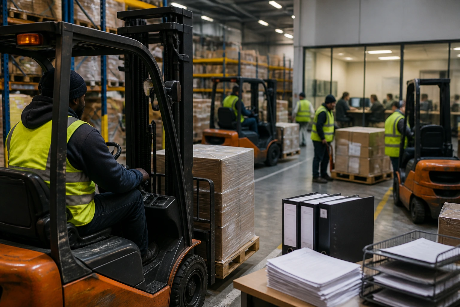 Busy UK warehouse with forklifts and workers illustrating sponsorship complexities