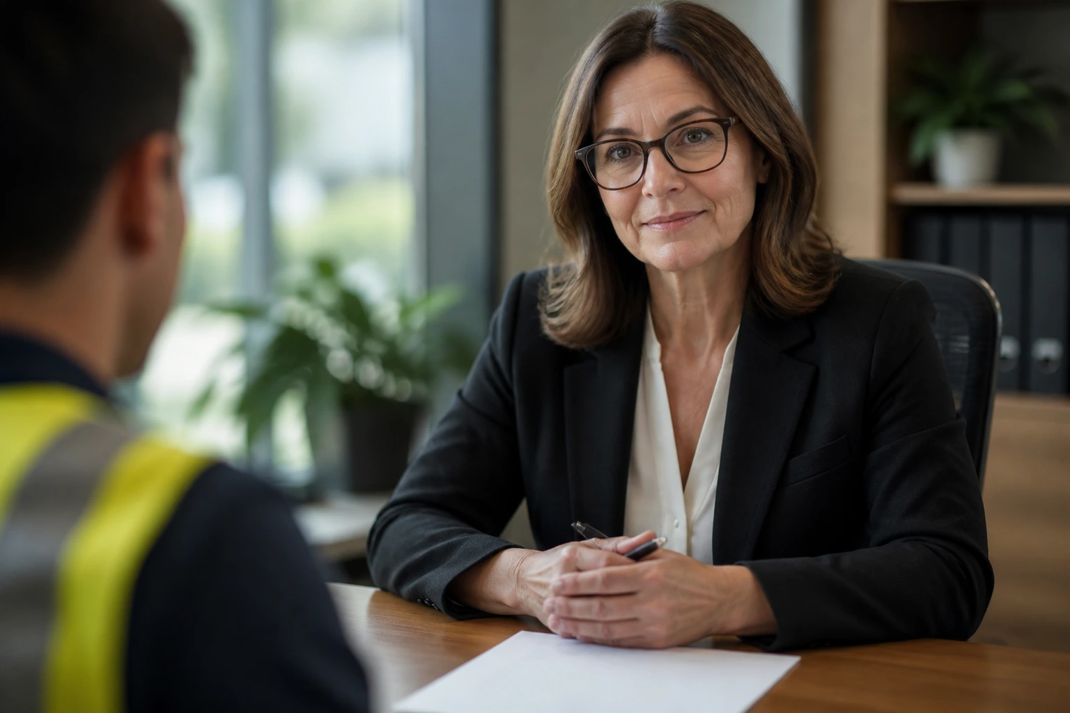 Close-up portrait of an HR professional in an office representing visa sponsorship in warehousing