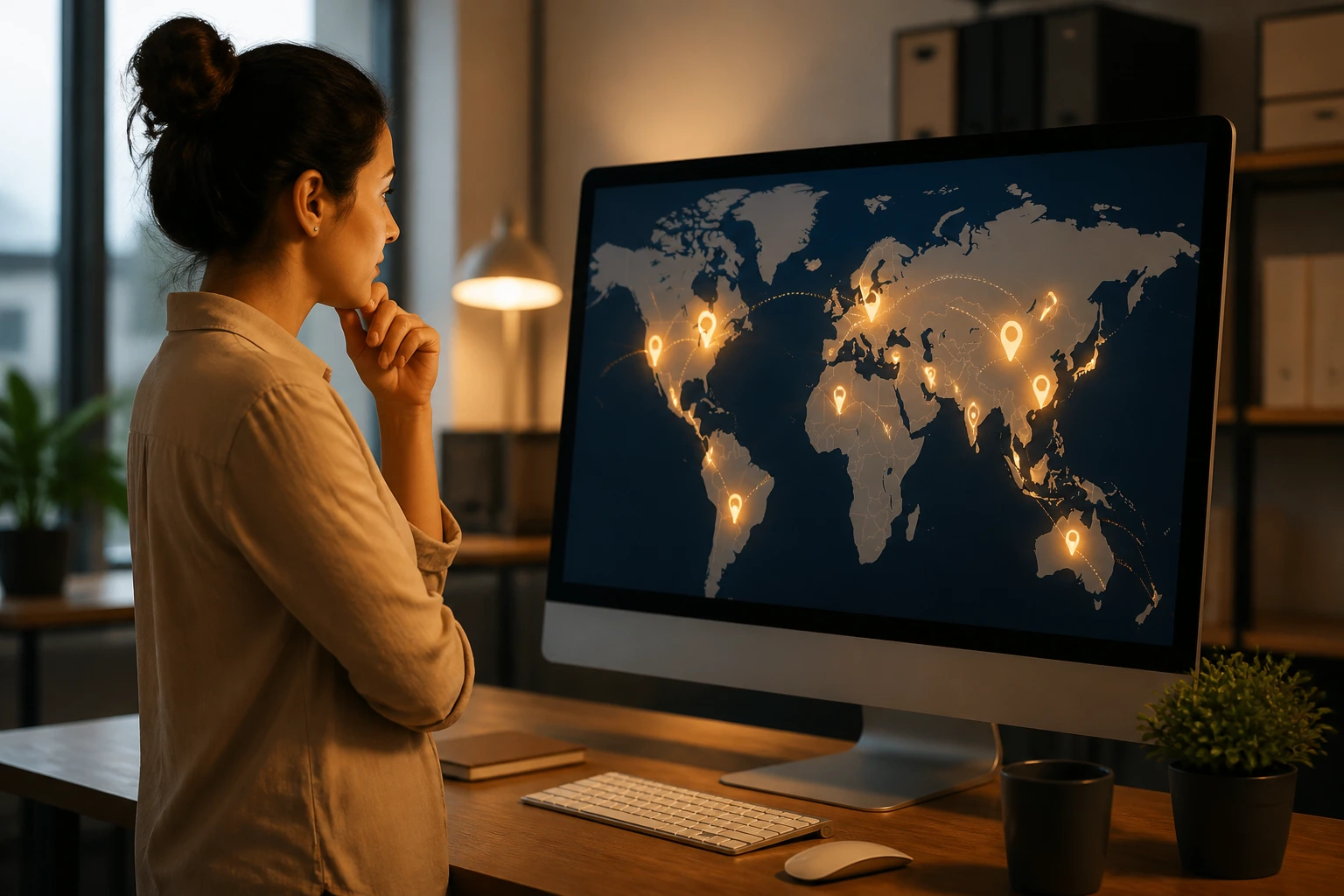 Job seeker researching visa-sponsored warehouse roles on map-based interface