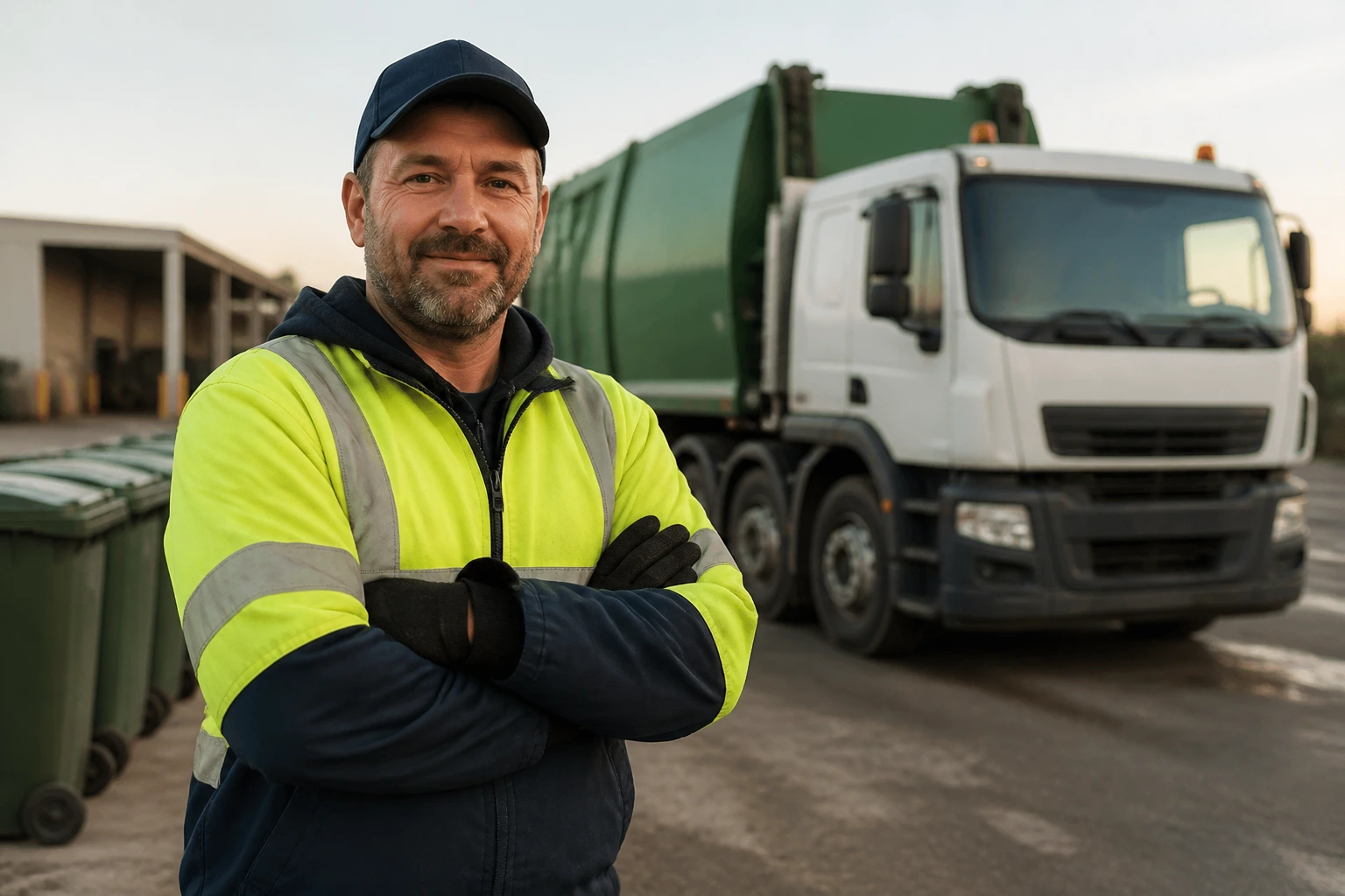 Waste truck driver in safety gear at a depot
