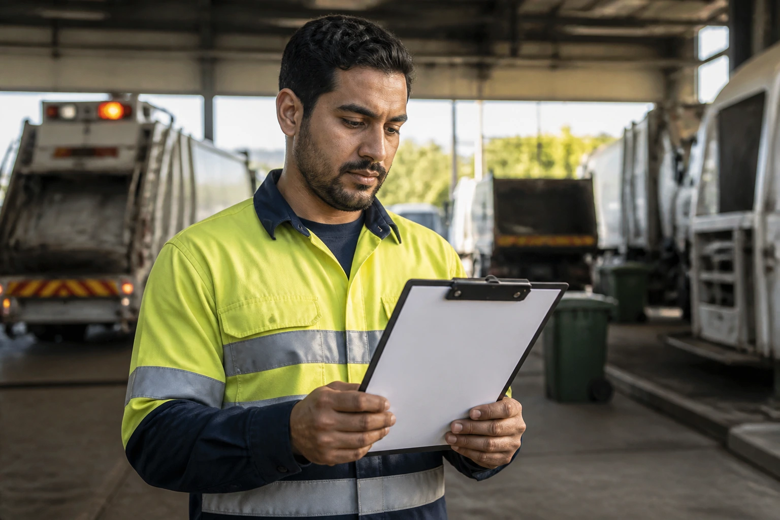 Waste collection worker in uniform holding blank clipboard at a depot