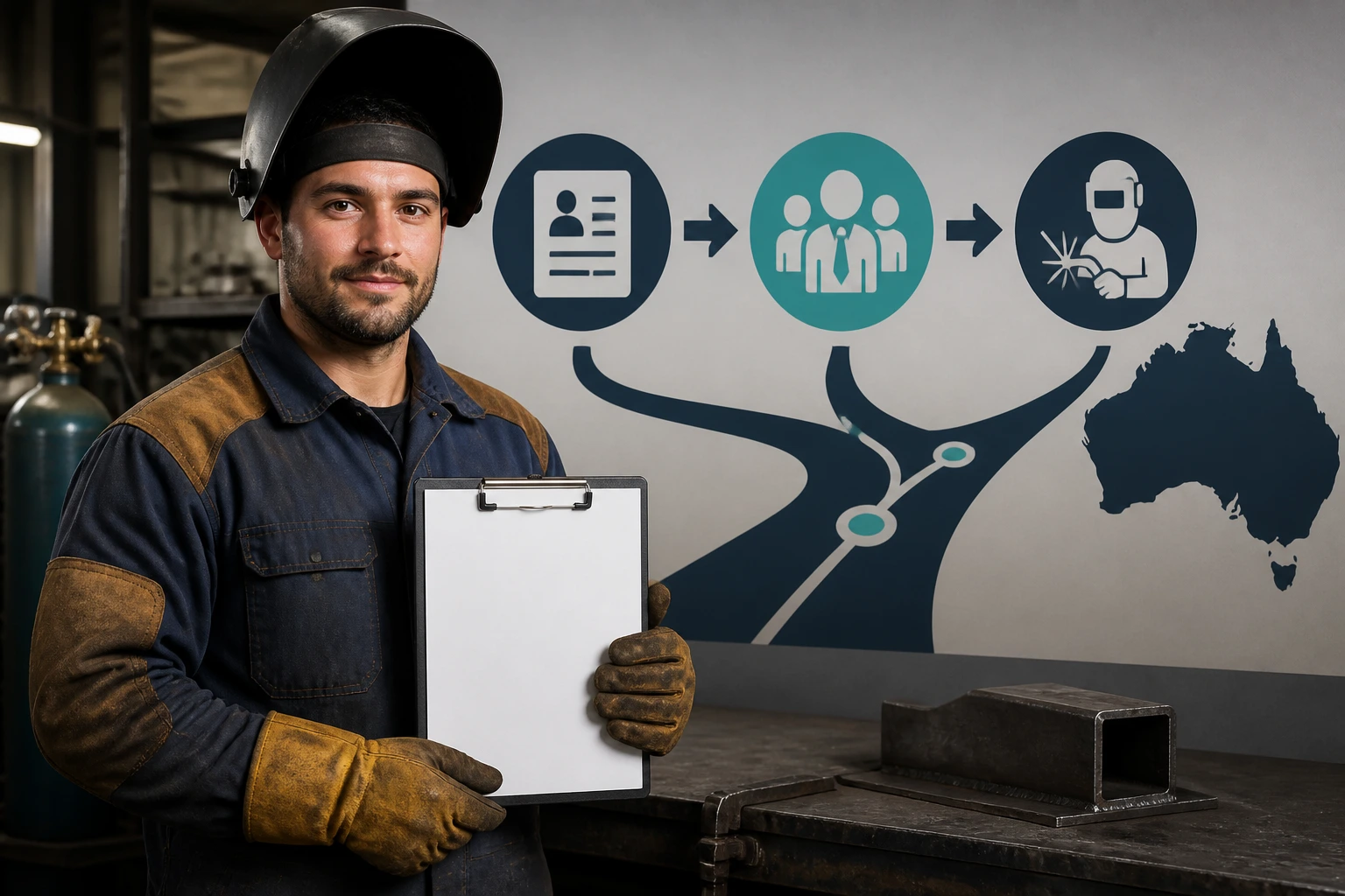 Medium close-up of a welder in PPE holding a blank clipboard in a workshop
