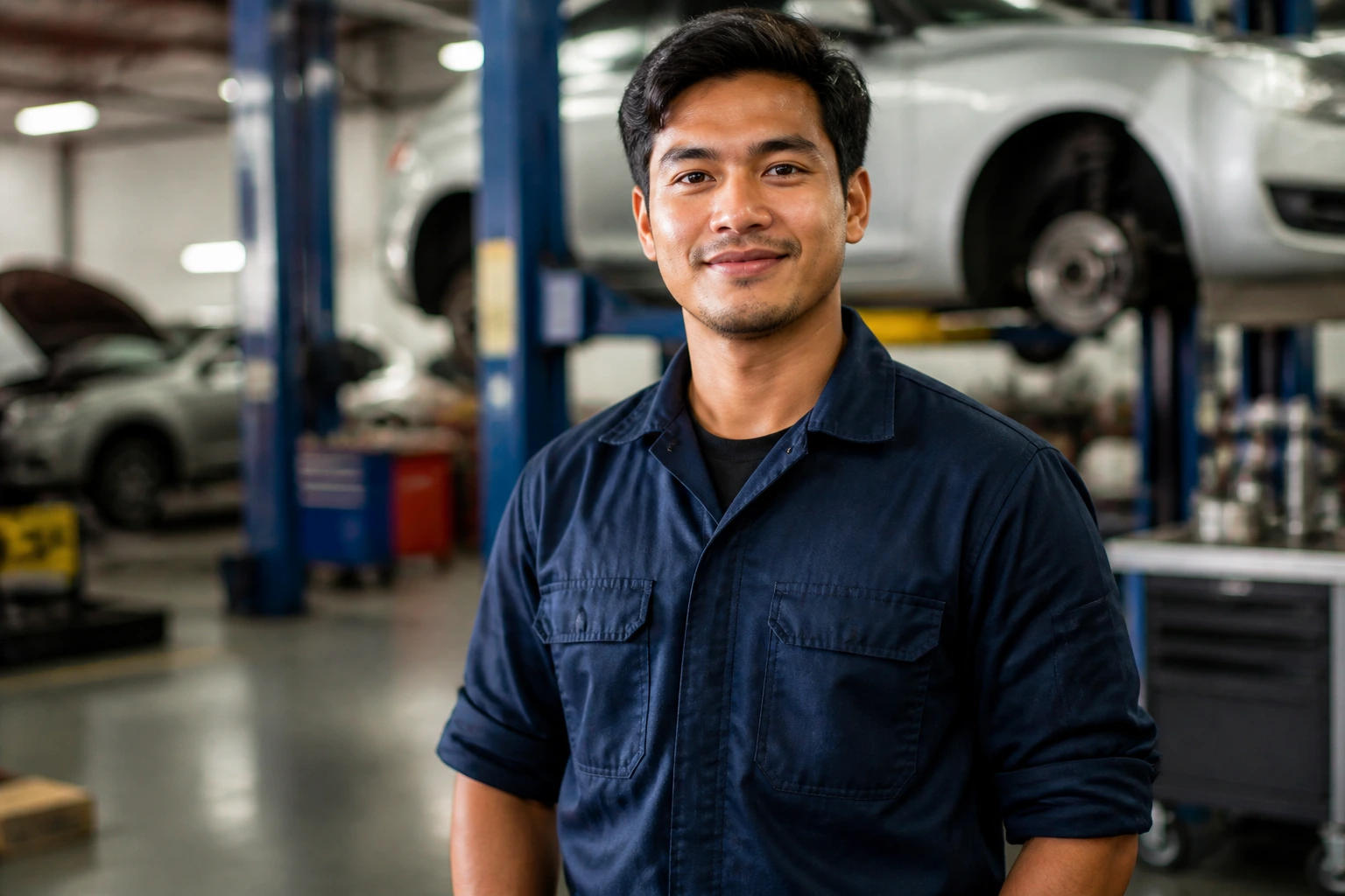 Close-up portrait of a mechanic in a busy auto workshop representing sponsorship opportunities