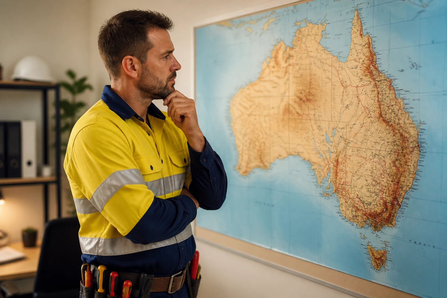Electrician posing in front of an Australia outline map in an office