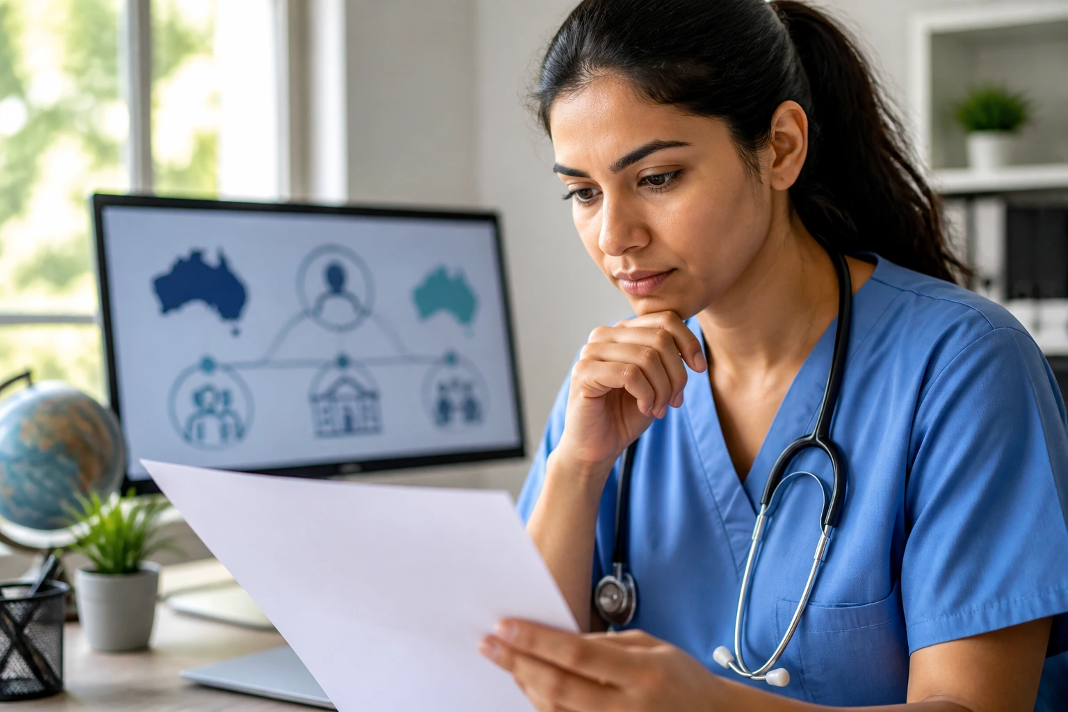 Close-up portrait of a hopeful nurse candidate studying visa documents in a bright office