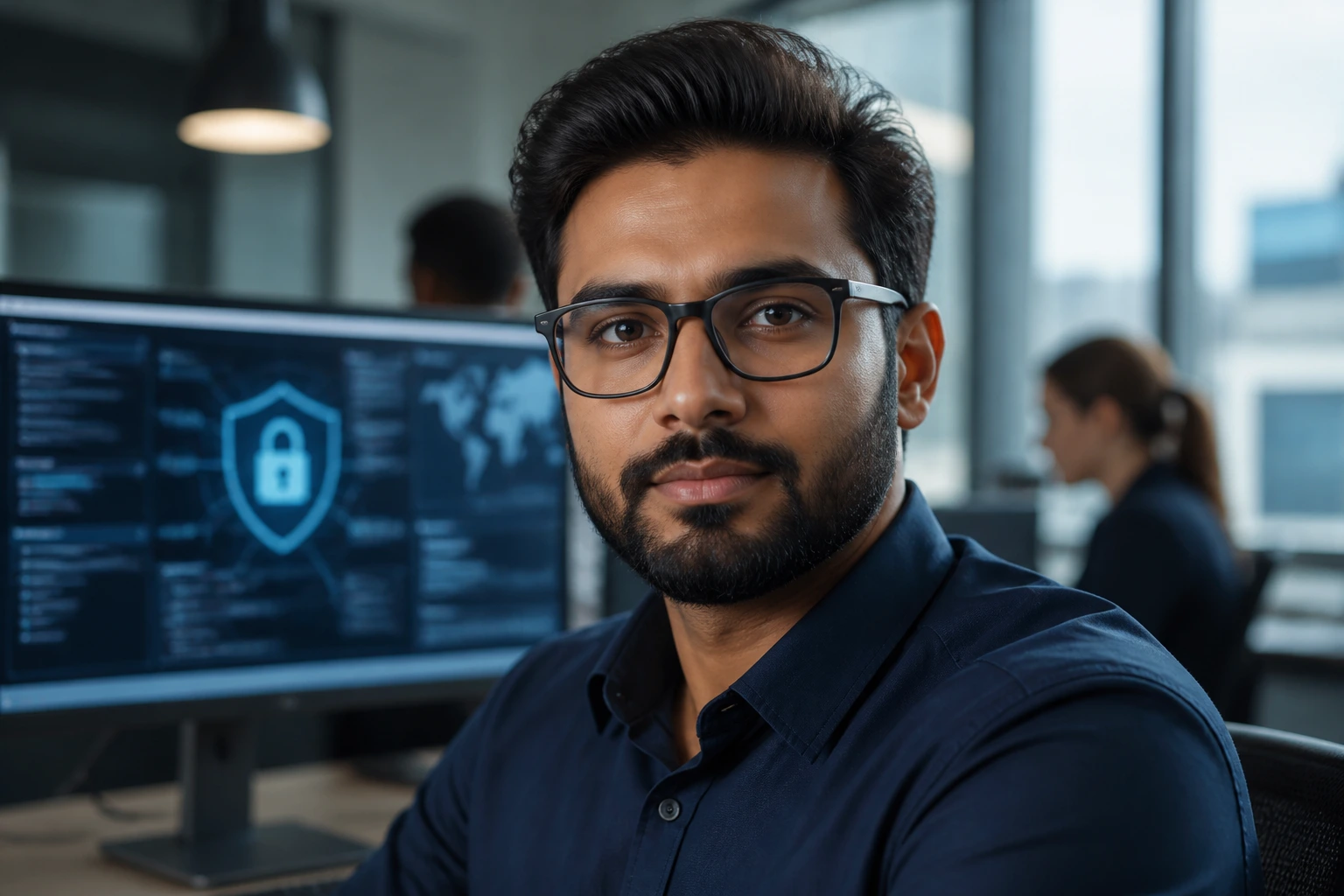 Portrait of cybersecurity professional in an office, illustrating Skilled Worker Visa concept.