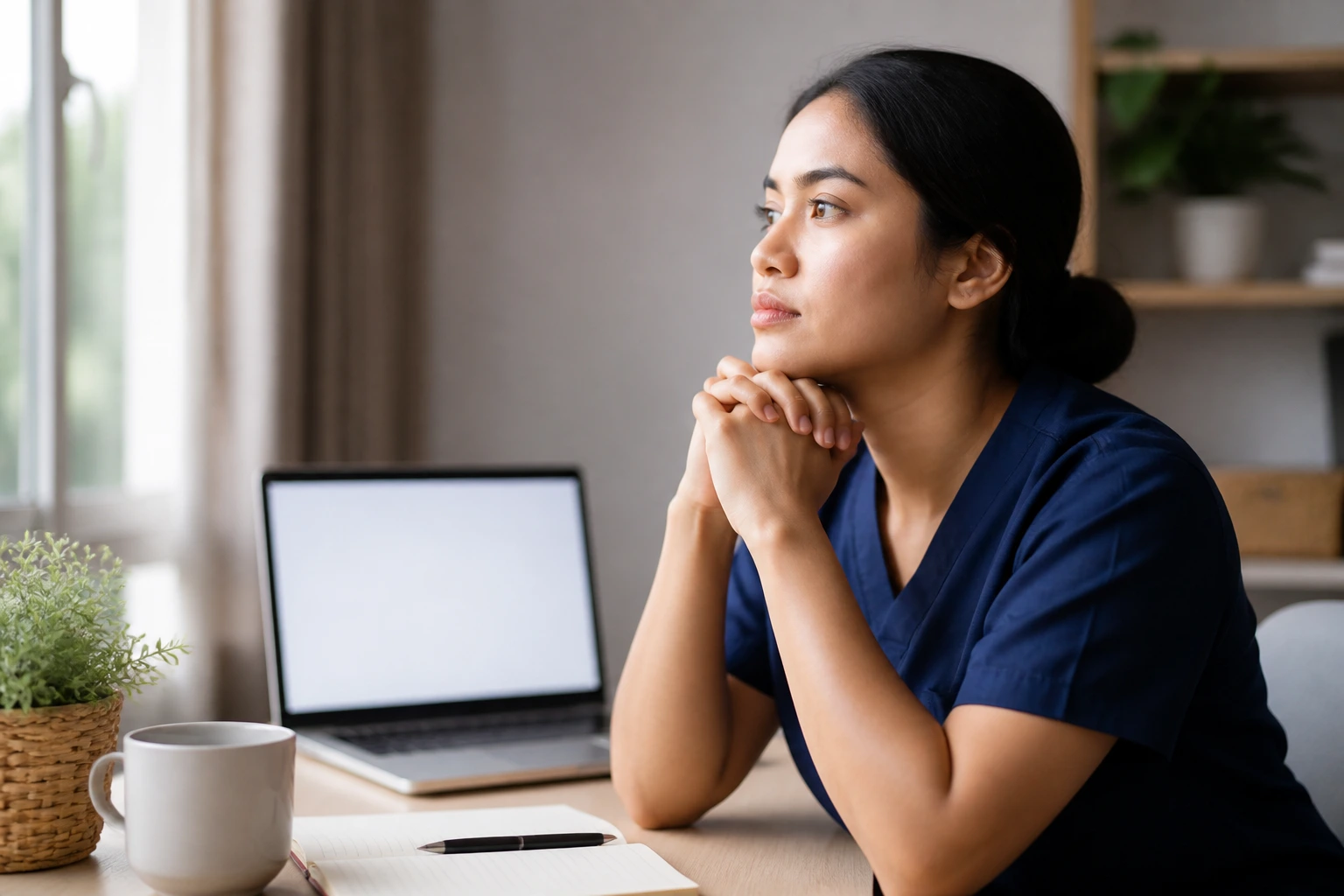 Portrait of a person contemplating visa wait times in a home office.