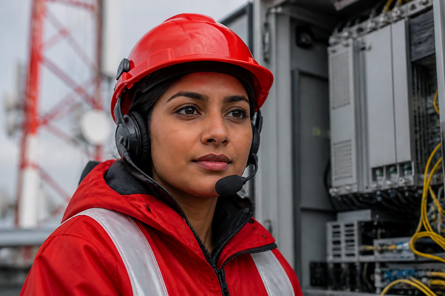 Close-up head-and-shoulders portrait of a Vodafone network engineer at a telecom site