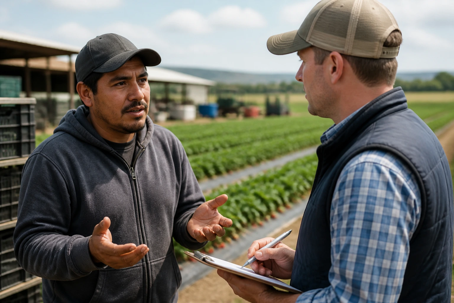 Worker discussing wages and rights with supervisor in farm setting