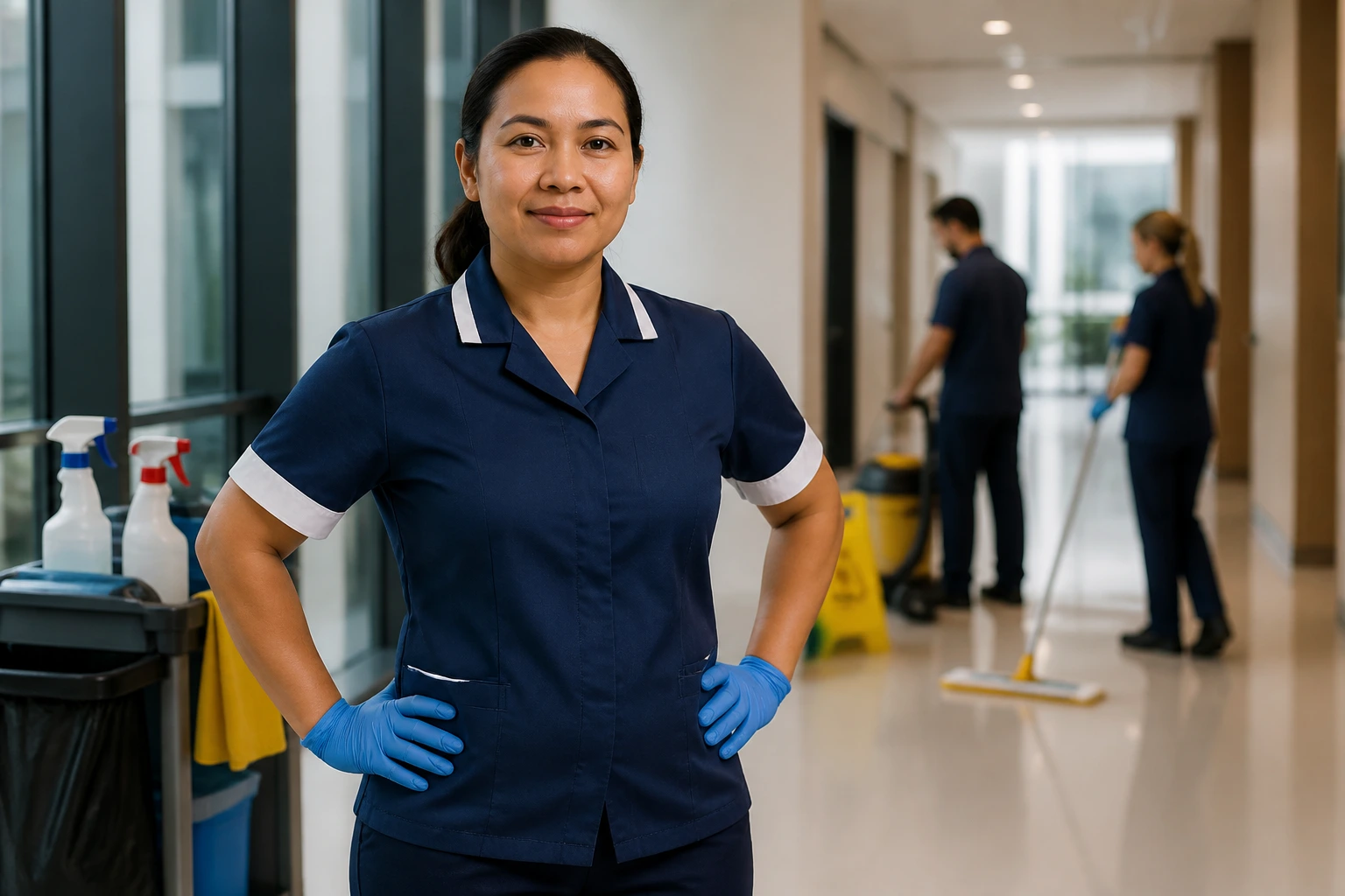 Cleaner in uniform in a bright corridor, representing shifts and working conditions.
