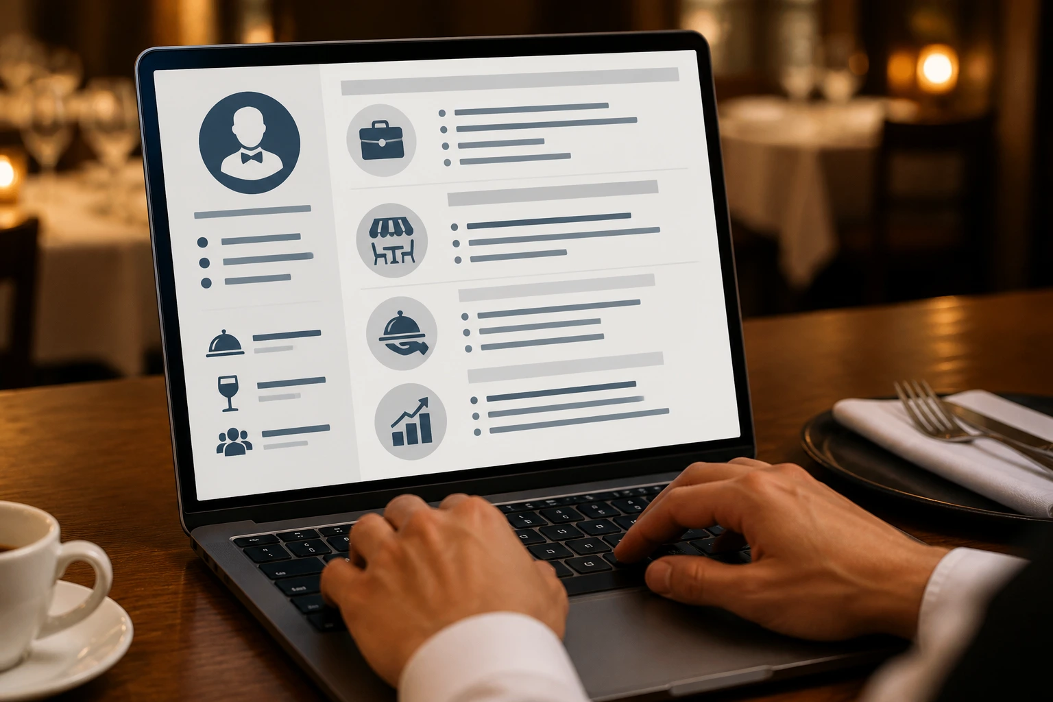 Person crafting a CV with icon-based resume outline