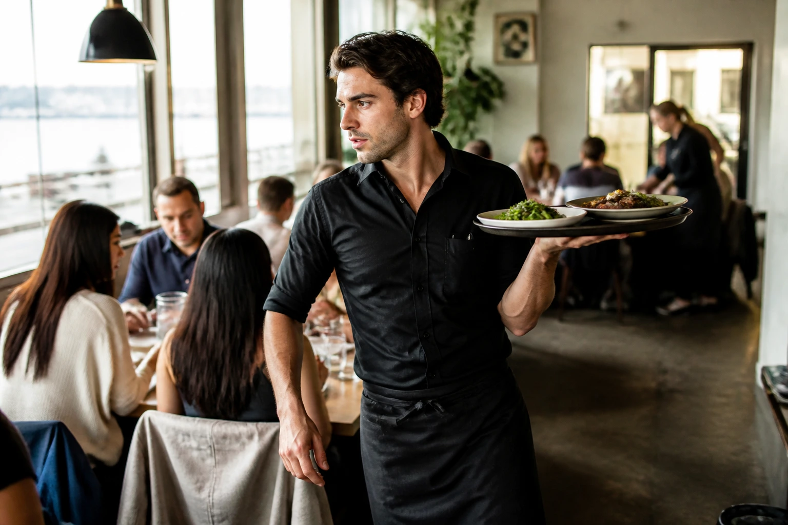 Waiter in a busy Canadian restaurant during service