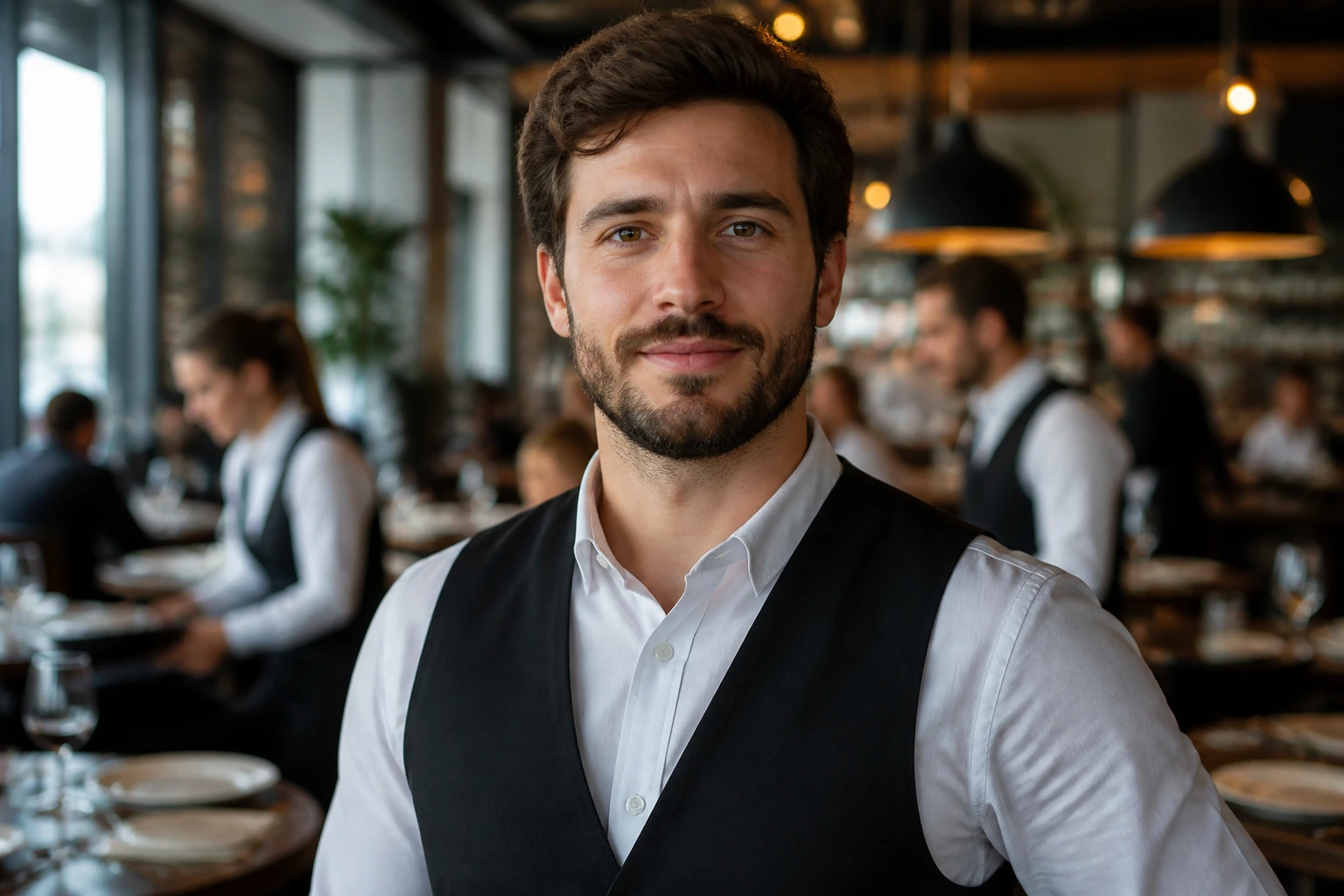 Close-up of a waiter in uniform in a bustling restaurant