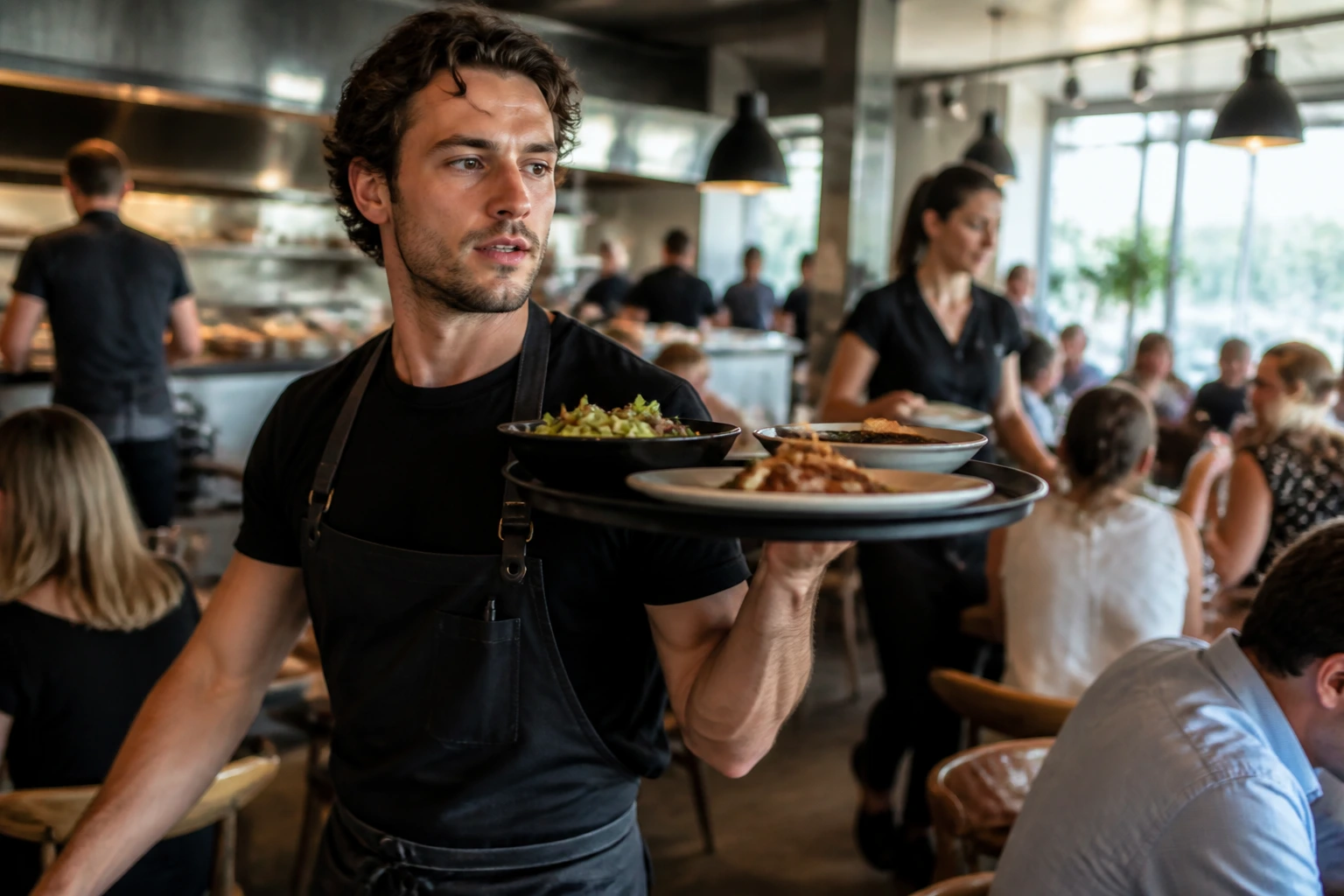 Waiter carrying a tray in a fast-paced restaurant