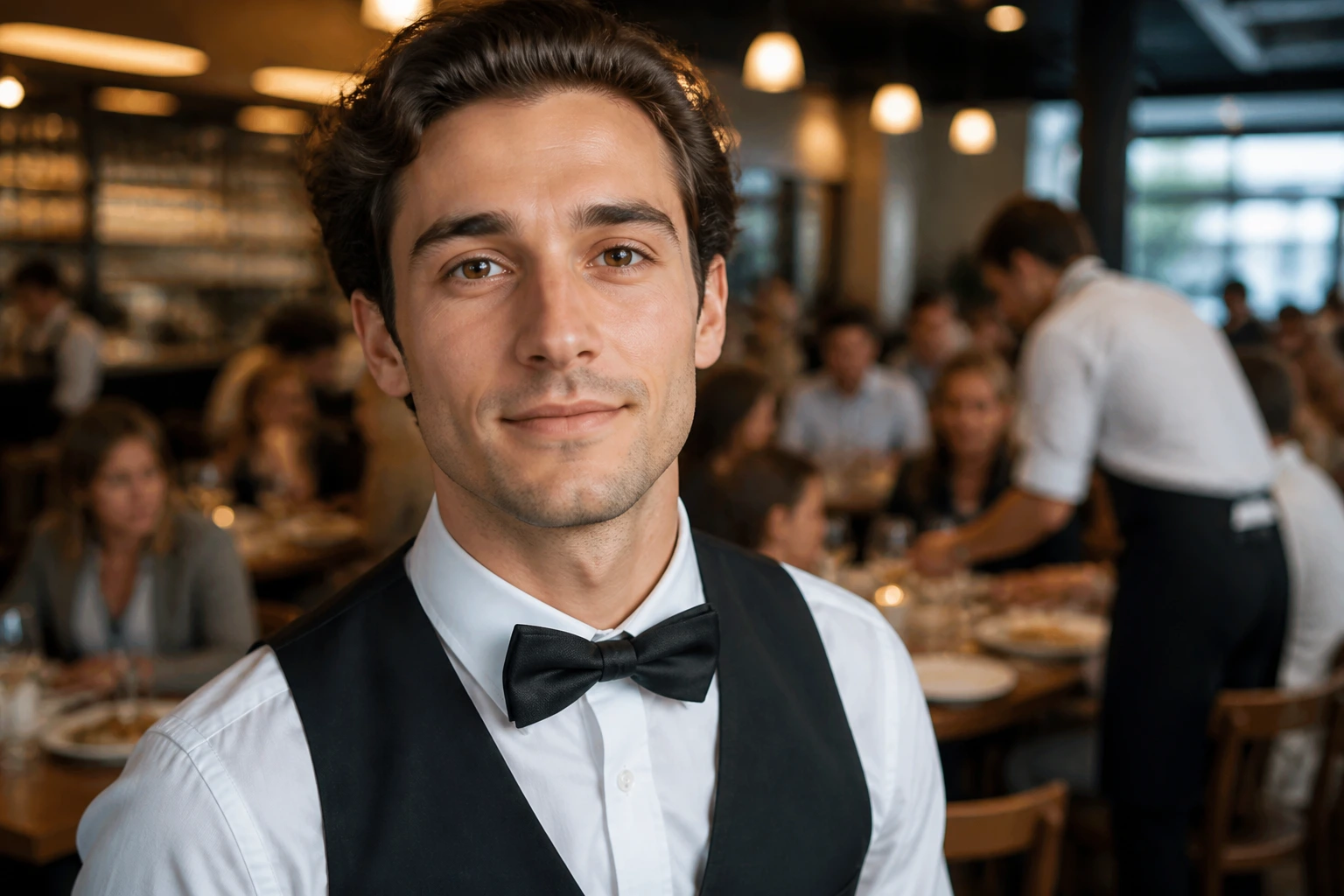 Close-up portrait of a waiter in uniform in a busy Australian restaurant