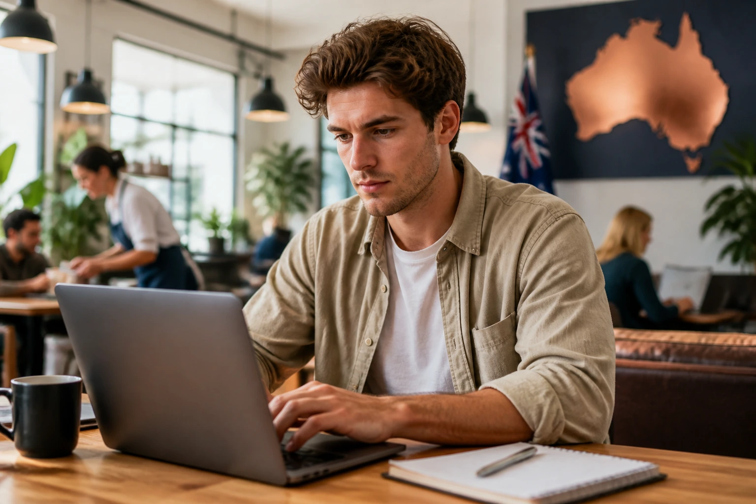 Job seeker at a laptop in a modern workspace, symbolizing waiter visa sponsorship in Australia.