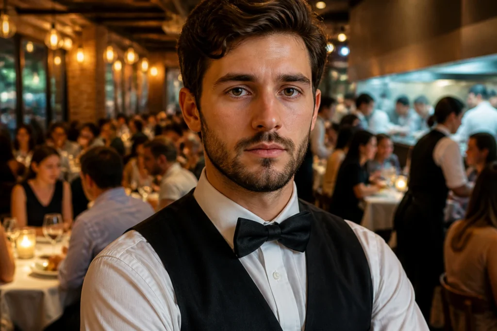 Close-up portrait of a waiter contemplating sponsorship challenges during a busy service