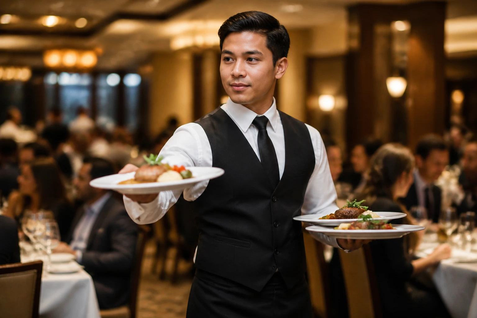 Close-up of a confident waiter in a busy hotel restaurant, demonstrating sponsorship-ready service