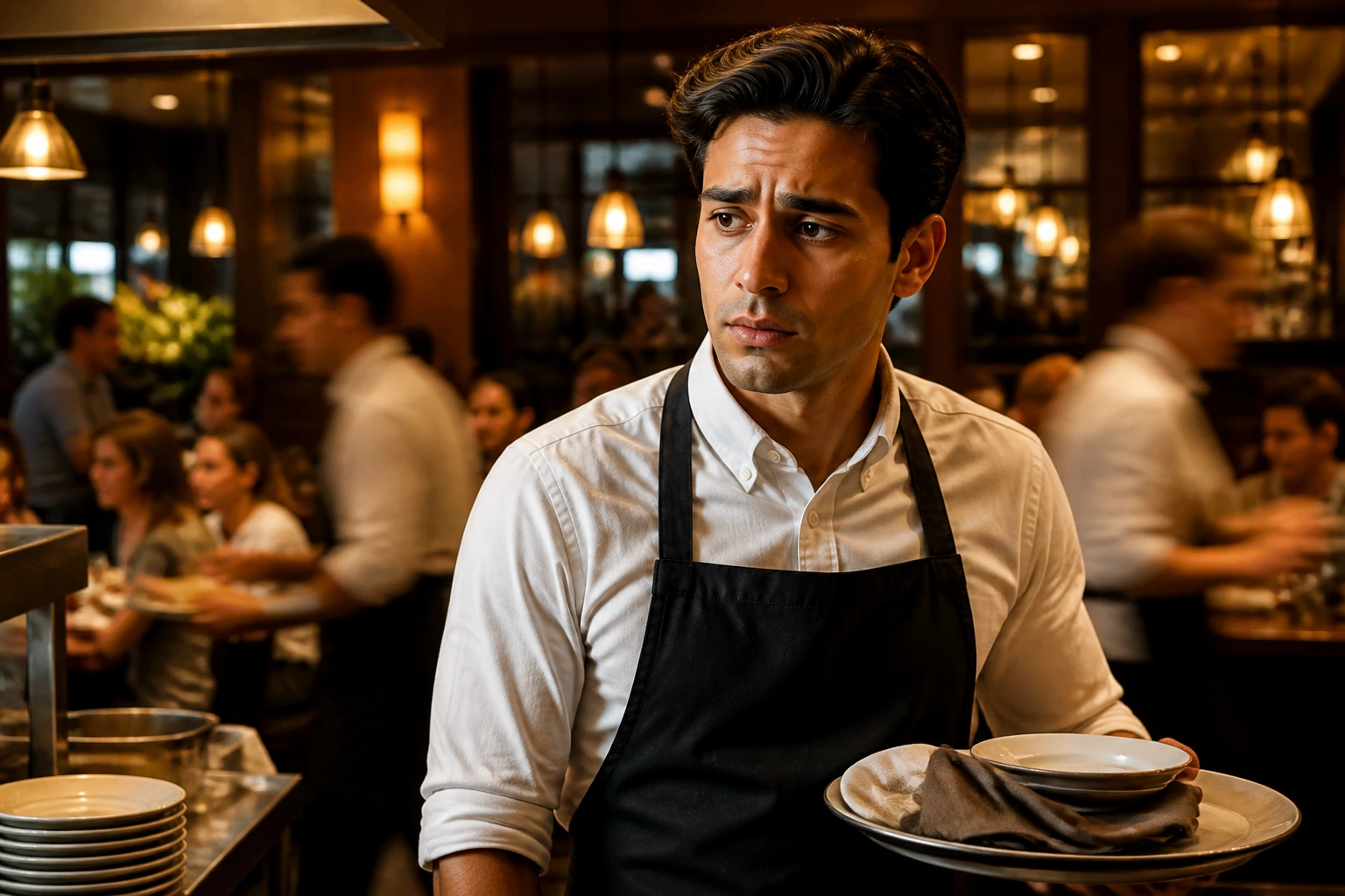 Close-up of a worried waiter in a busy UK restaurant illustrating sponsorship challenge