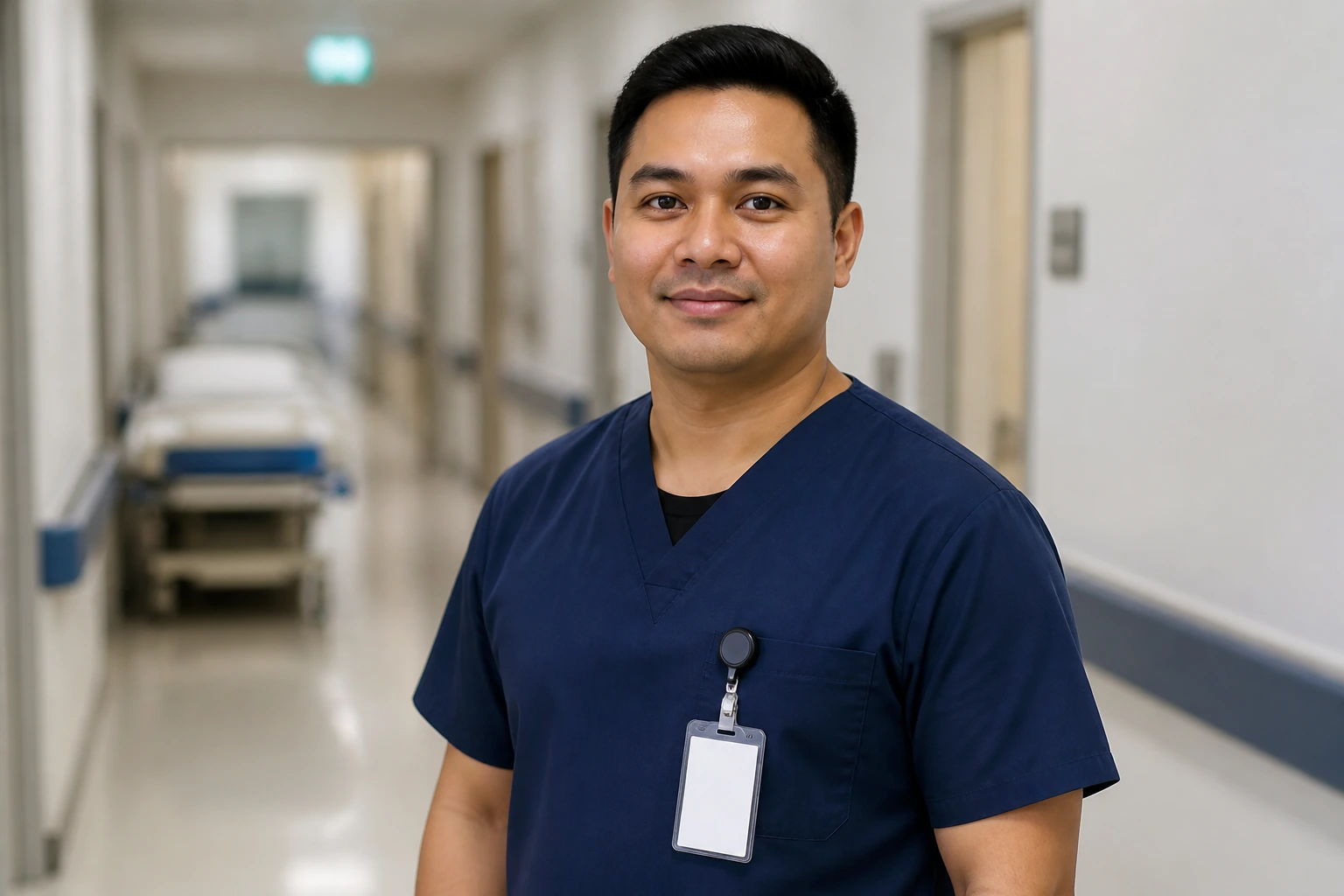 Portrait of a wardsperson in Australia in uniform in a hospital corridor