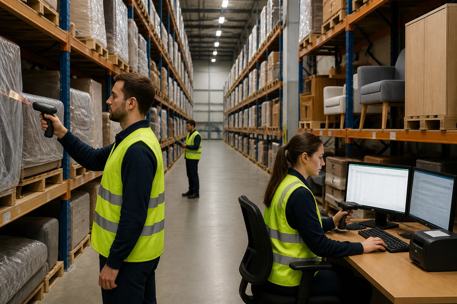 Wide warehouse aisle with tall shelves and stock