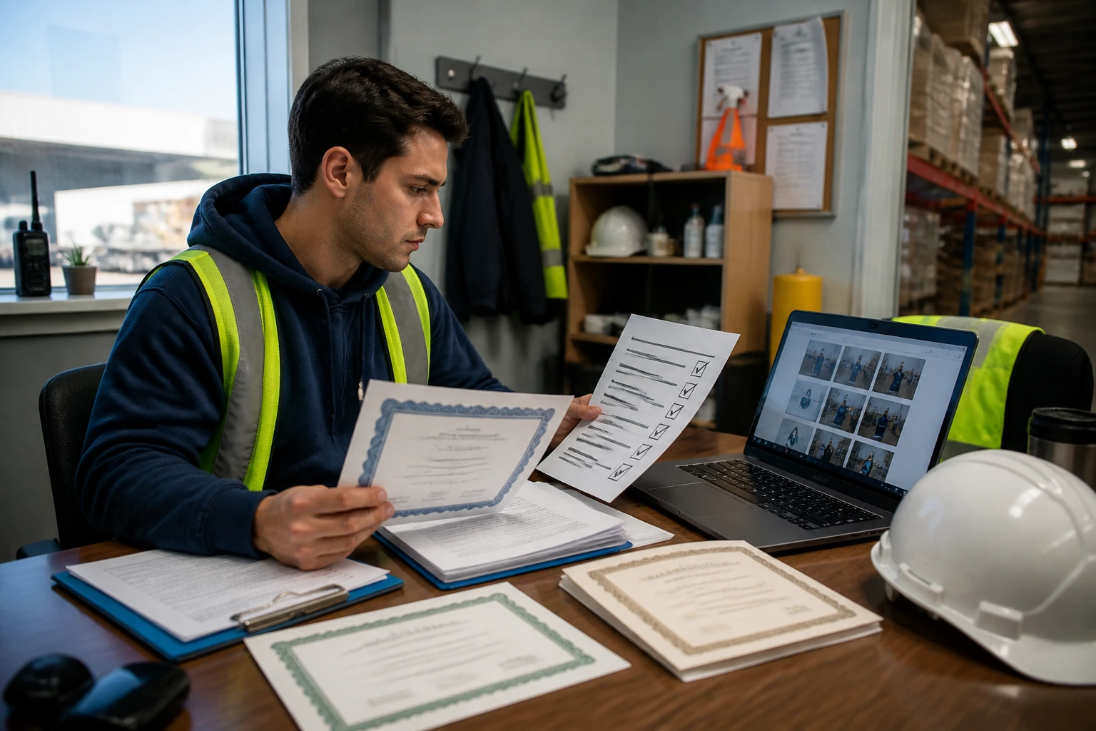 Applicant reviewing certificates and training materials for warehouse work.