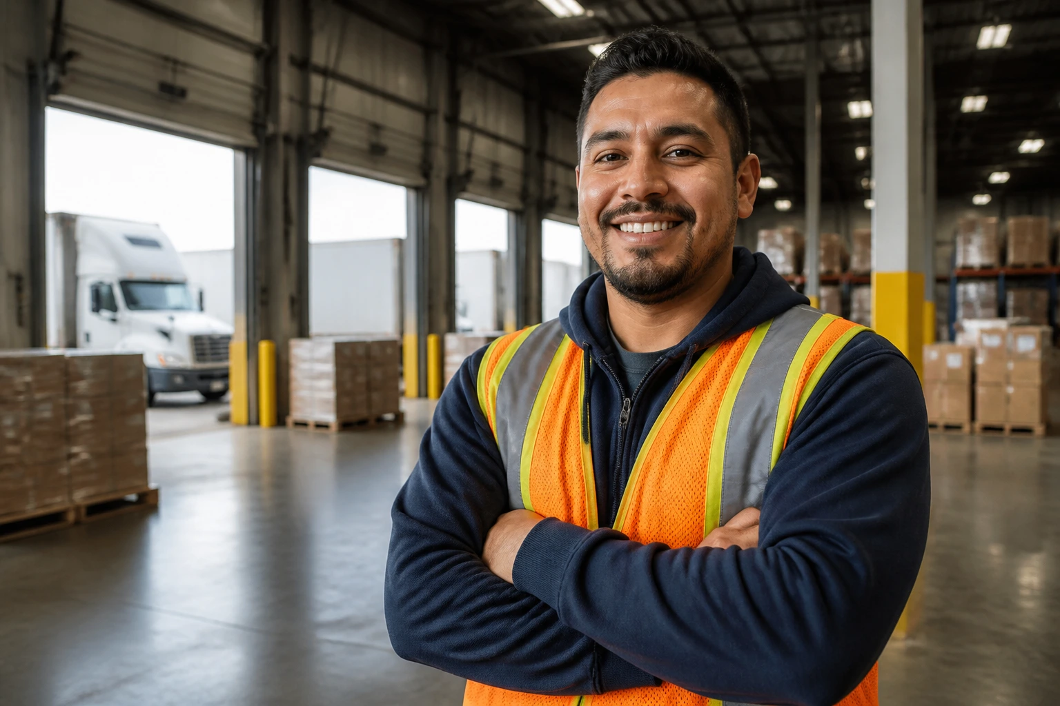 Warehouse worker in a large distribution center representing US logistics hubs
