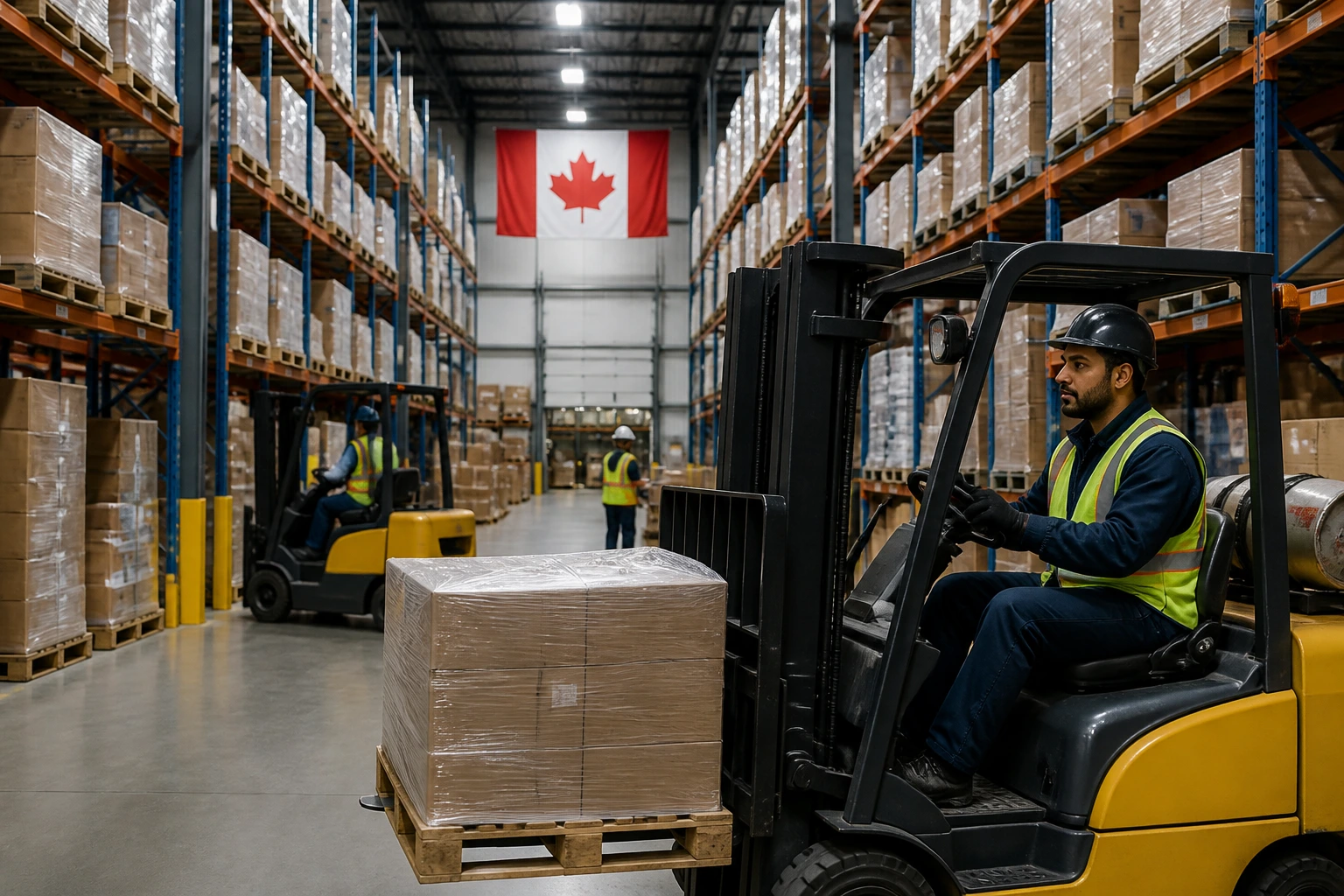 Canadian warehouse interior with tall racks and wide aisle, conveying the warehouse setting.