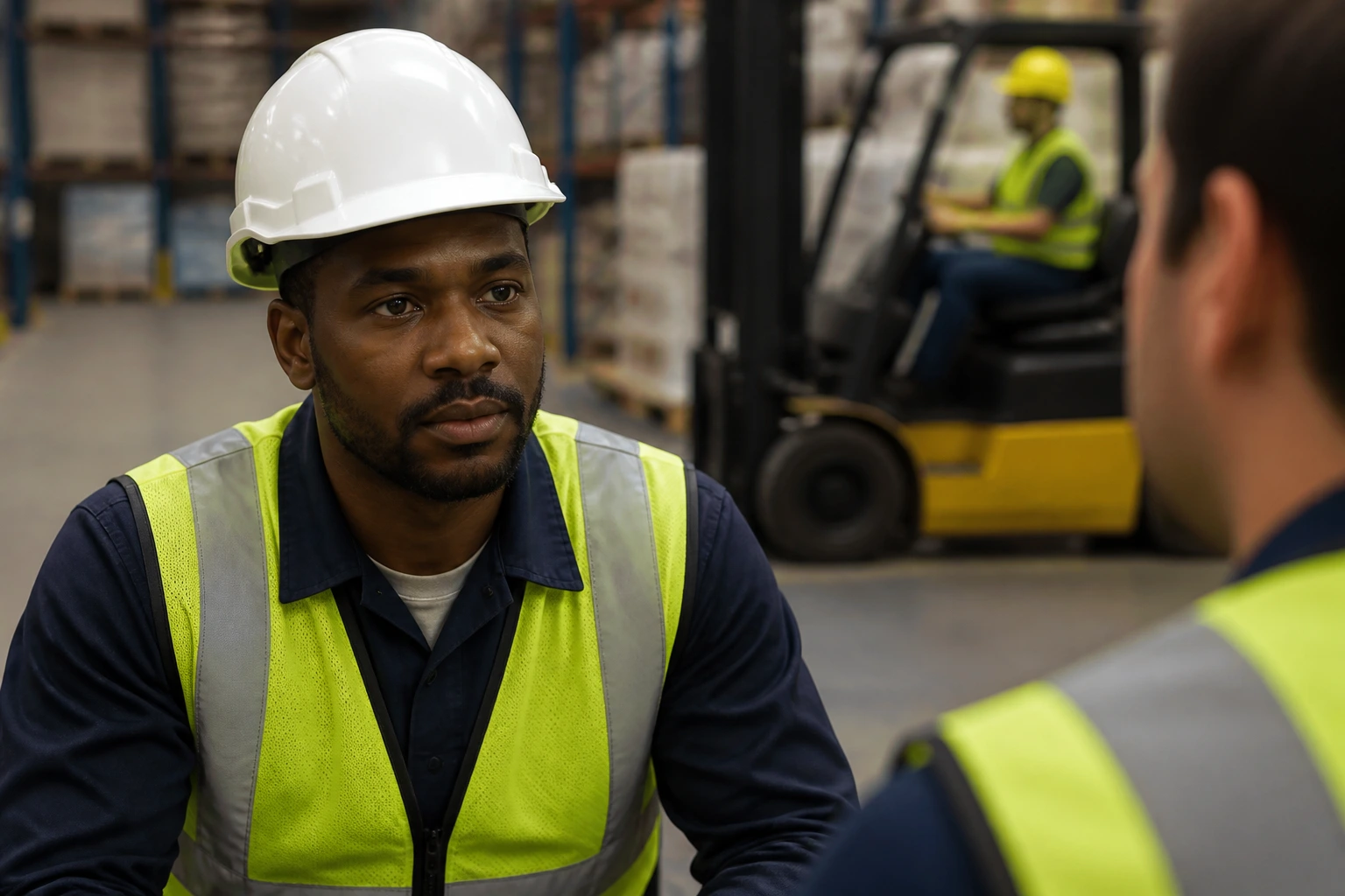 Real worker in safety gear in a warehouse during an interview/practical test scenario.