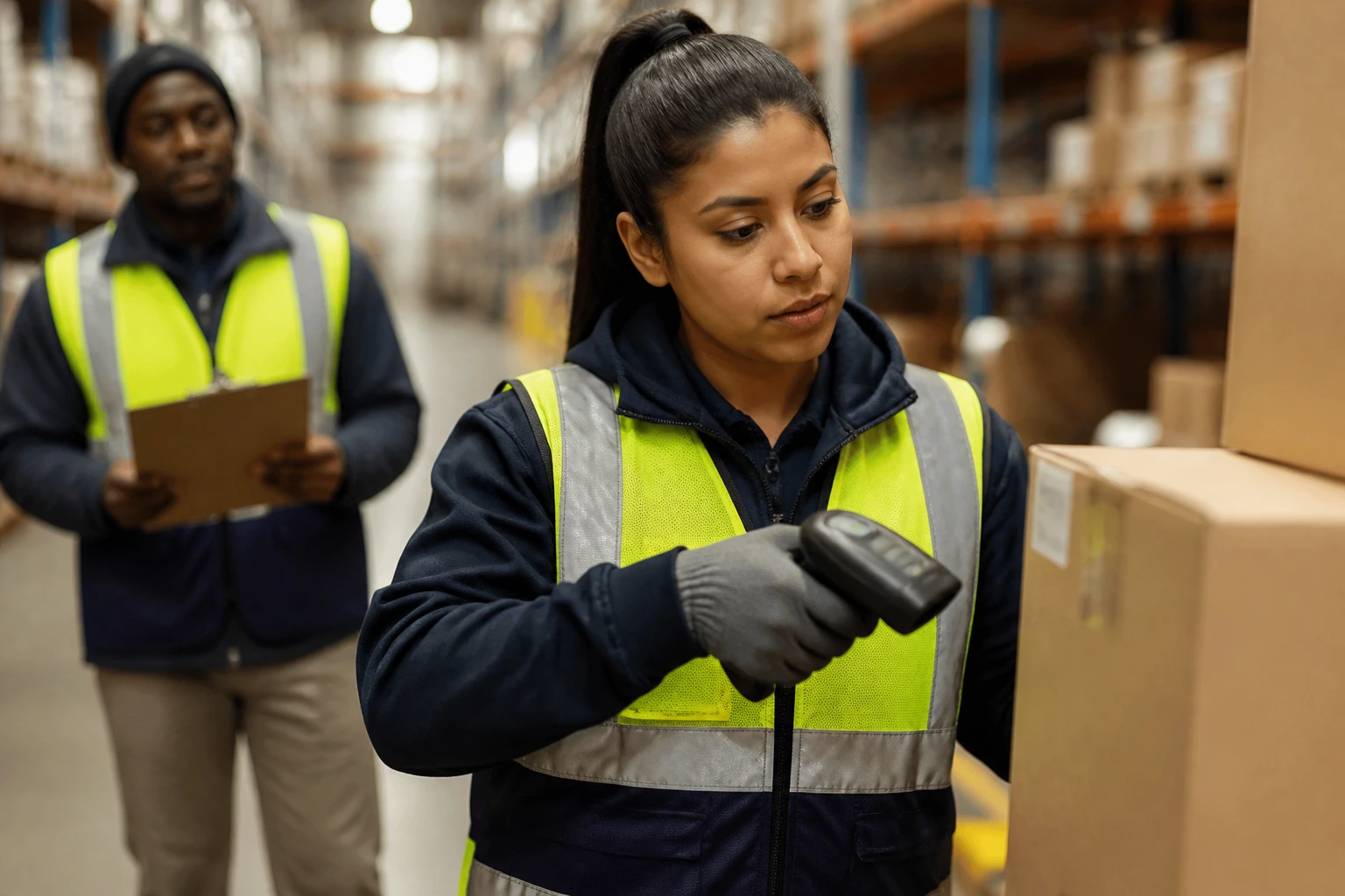 Real candidate using a handheld scanner on a warehouse floor with supervisor observing