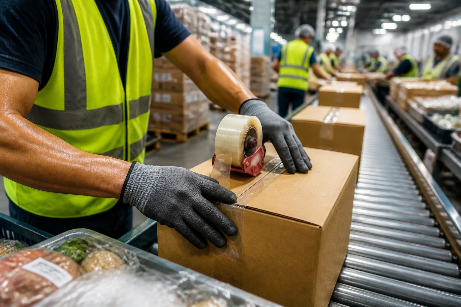 Close-up of a warehouse worker's hands packing a box on a busy packing line.