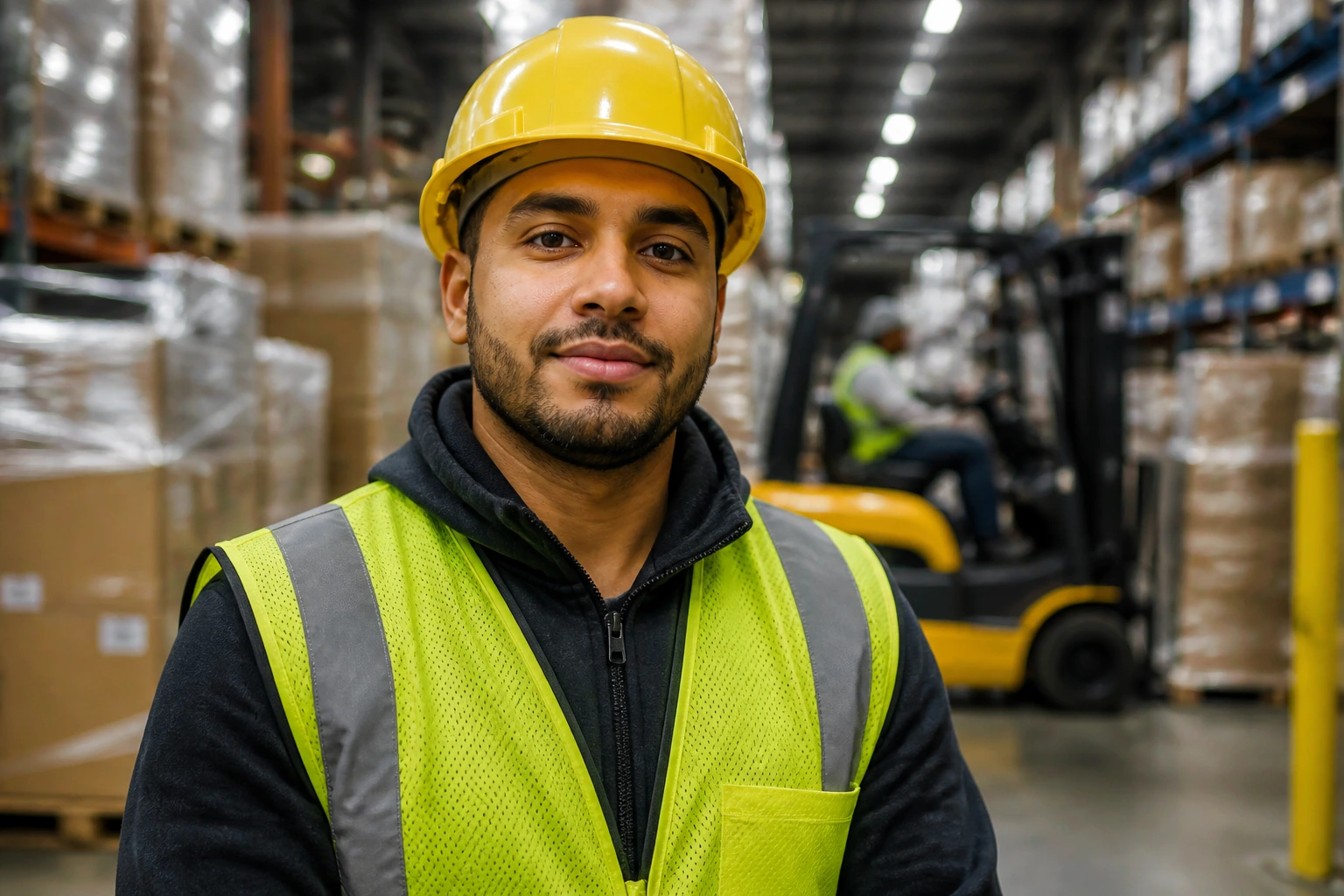 Real warehouse worker in safety gear in a busy distribution center, suggesting high earning potential with overtime