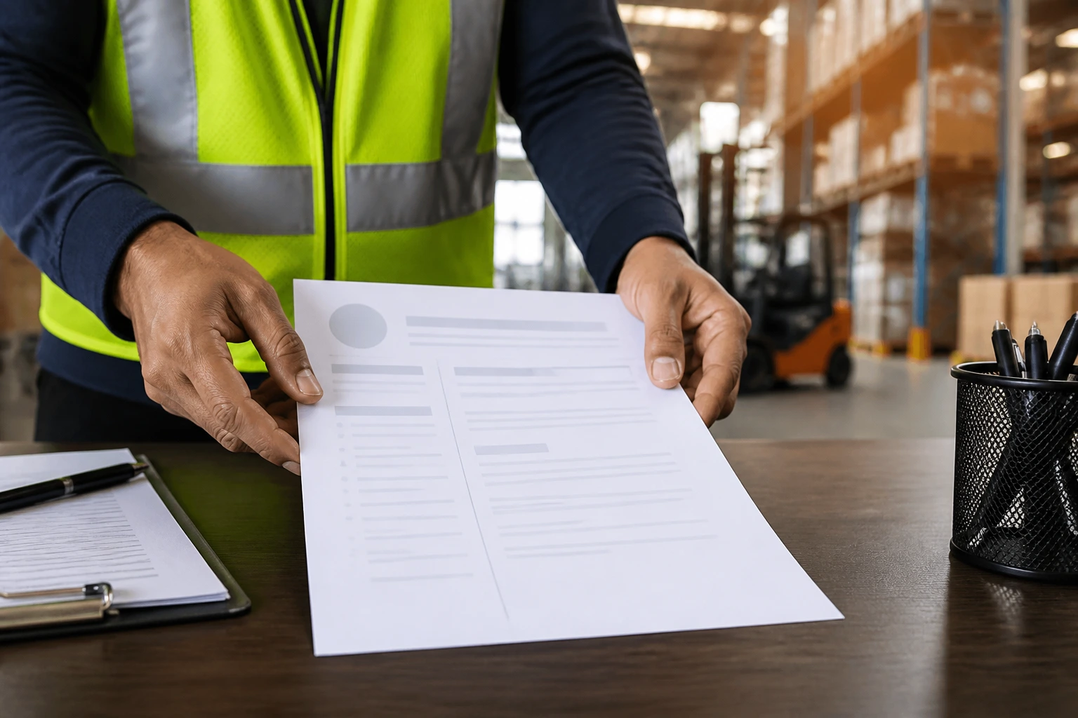 Hands placing a blank resume sheet on a desk beside a warehouse environment