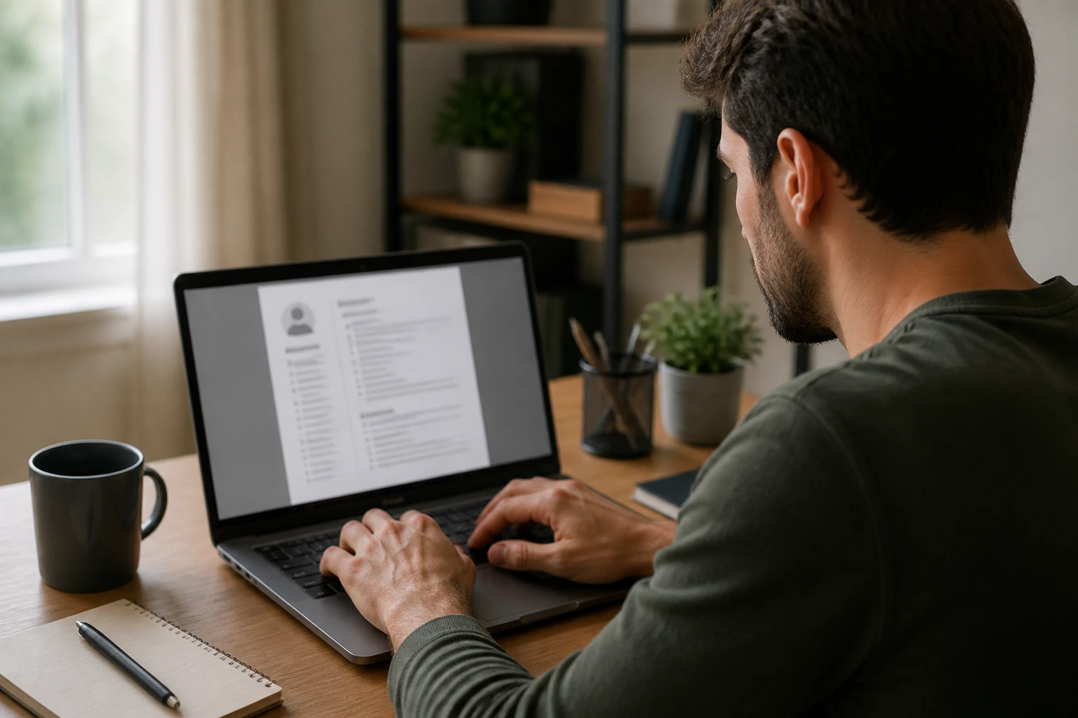 Person focused on writing a warehouse resume at a laptop in a cozy home office.
